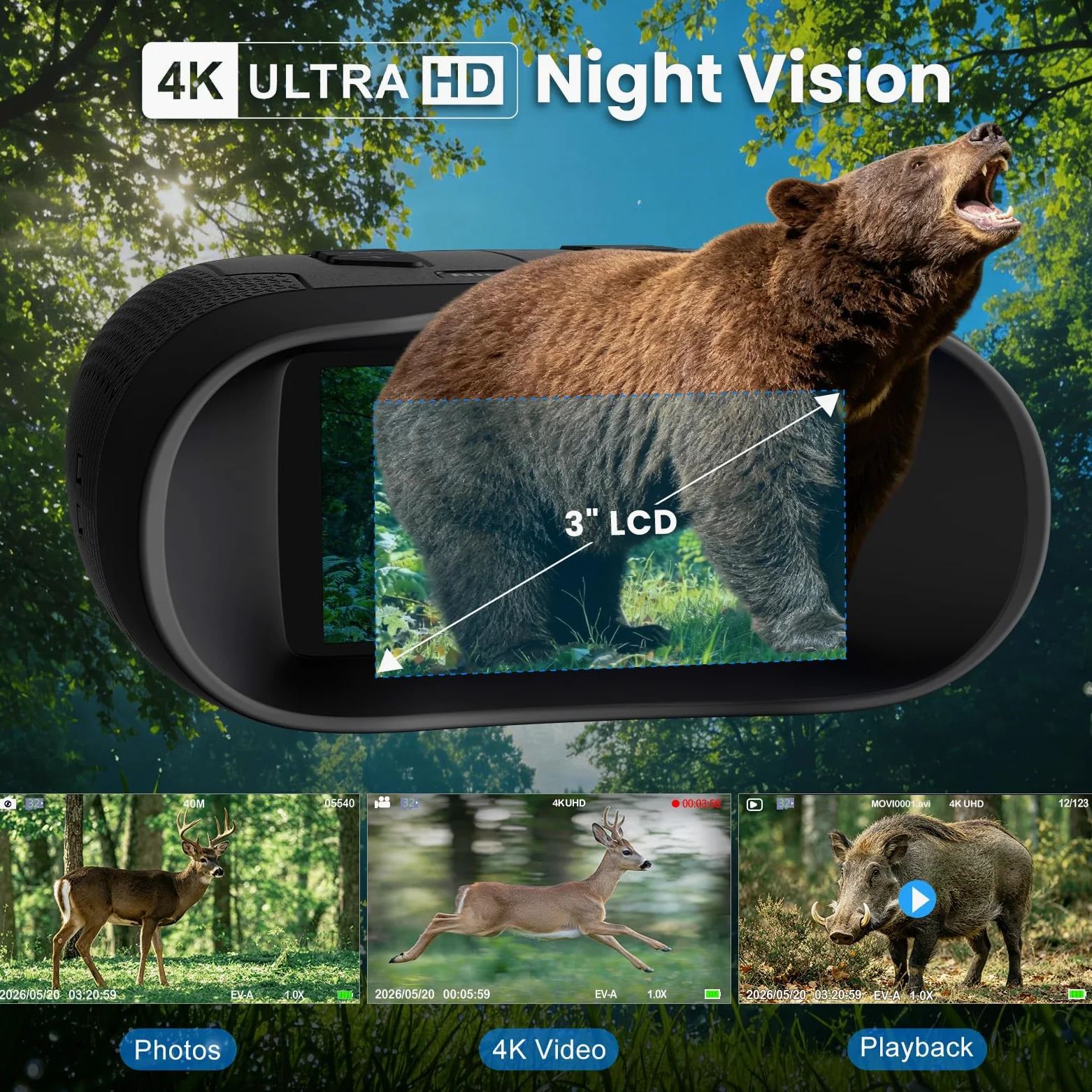 4K Nachtsichtgerät, Digitales Infrarot Nachtsichtgeräte mit 5000mAh Akku, 8X Digitaler Zoom, 500M Reichweite, 3" HD Bildschirm, mit 32 GB Karte, Ausrüstung für Jagd, Camping,Sicherheit und Outdoor | Infrarot-Nachtsicht-Fernglas, 7,6 cm HD, 600 m Sichtbere