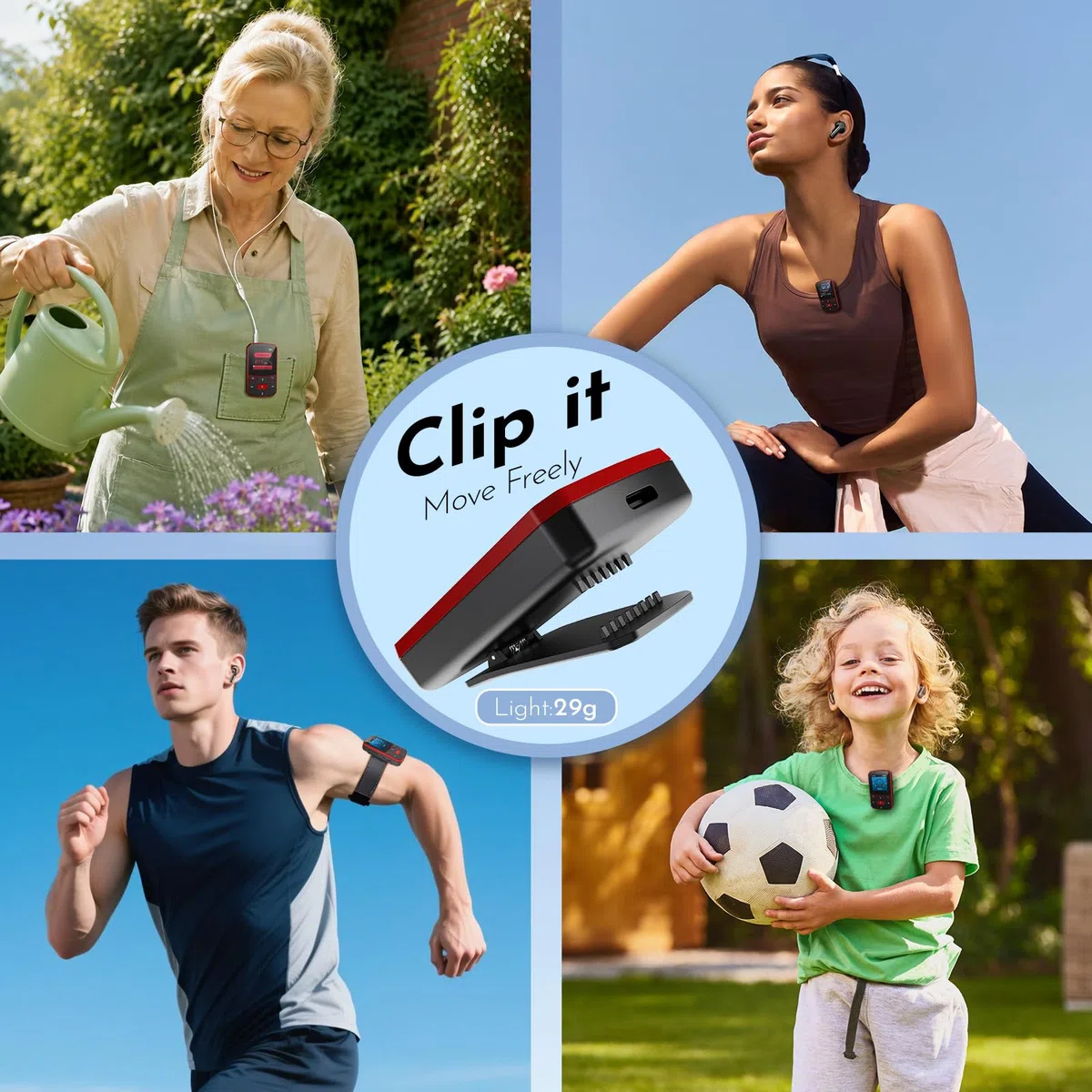 64GB MP3 Player Bluetooth 5.3, Clip Sport Musikplayer mit Blindbedienung, Tragbarer 29g Mini Audioplayer mit Resume-Funktion, FM Radio, Diktiergerät, bis 128GB