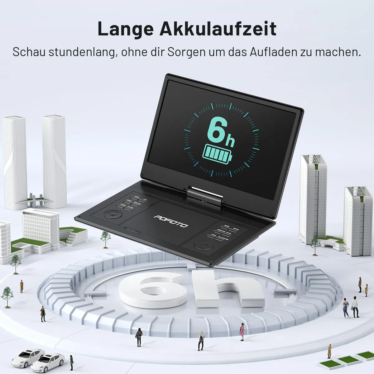 POFOTO 15,7" Tragbarer DVD-Player mit 14,1" HD-Schwenkdisplay, 6h Akkulaufzeit, Zonenfrei, Unterstützt Mehrere Formate/SD/USB, TV/Beamer-Anschluss, Stereo-Lautsprecher, Speicherfunktion, Schwarz