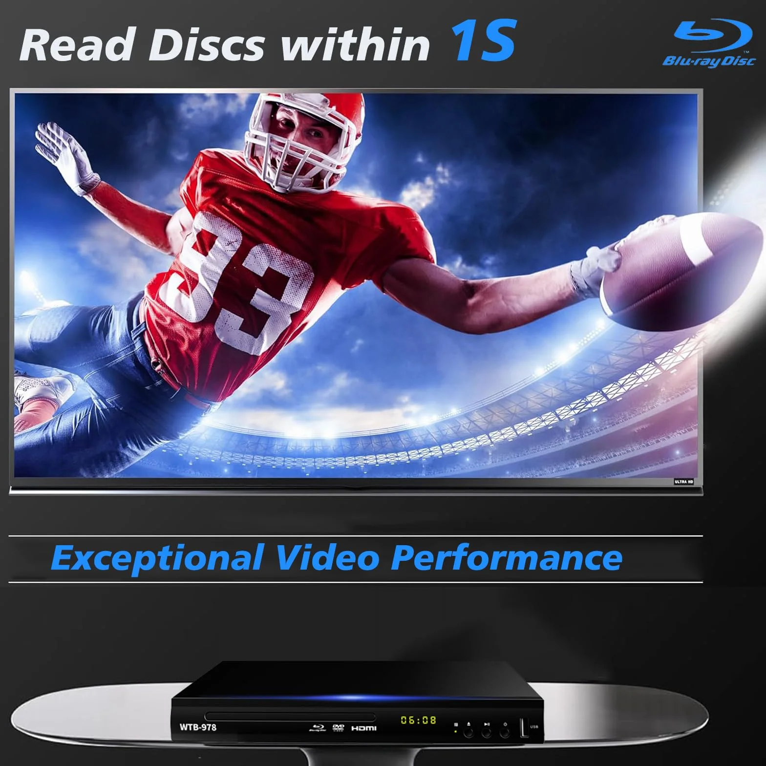 Blu-ray-DVD-Player, Multimedia-Disc-Wiedergabegerät für Filme und Musik Dolby Audio, Full HD 1080P Blu-Ray-Disc-Player mit HDMI-Ausgang/AV-Ausgang/Koaxialausgang/Blu-ray-Disc für Region B/2