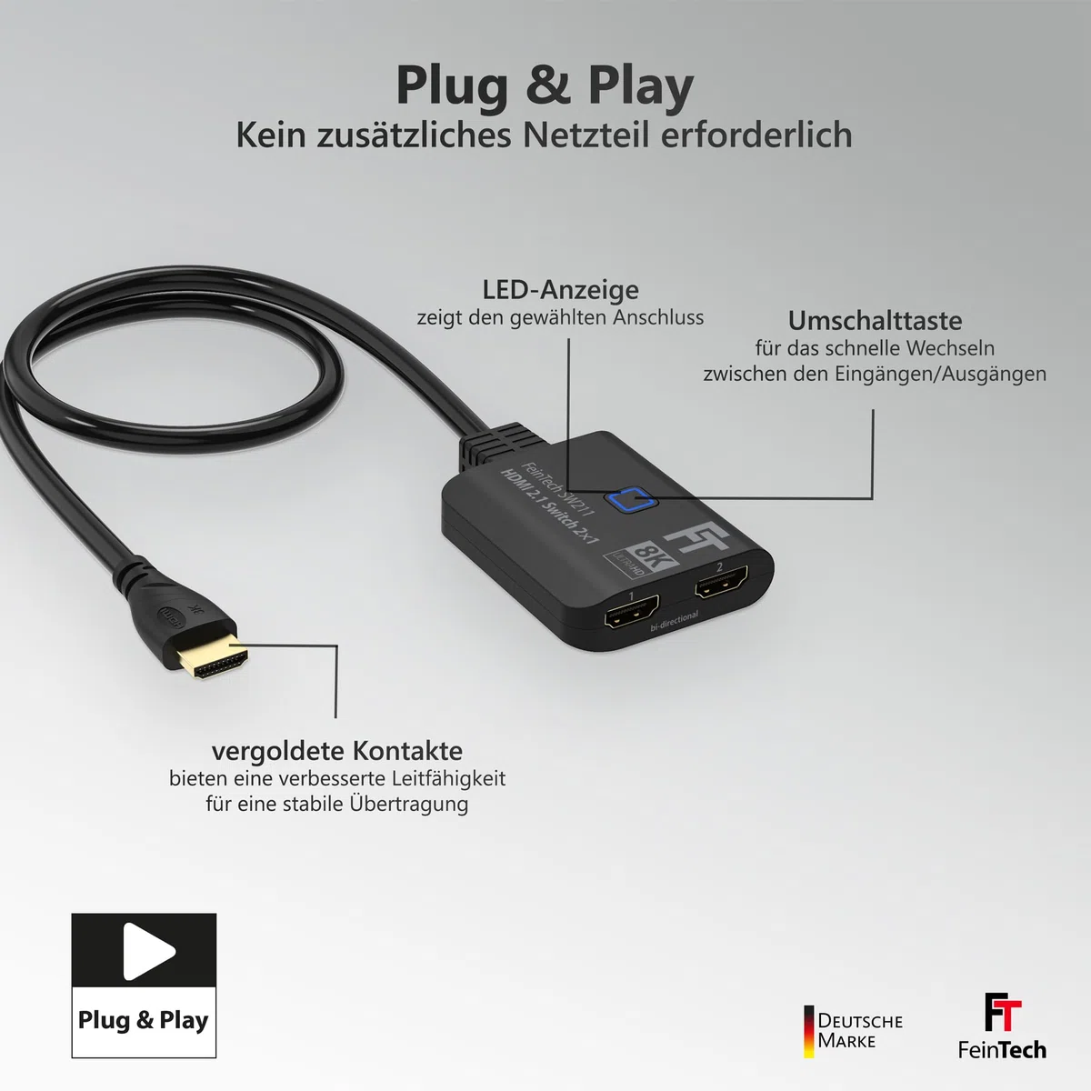 FeinTech SW211 HDMI 2.1 Switch 4k 120Hz 2 in 1 Out oder 1 in 2 umschaltbare Ausgänge (bidirektional) mit integriertem HDMI-Kabel, 8K, 48Gbps, unterstützt HDR, VRR, ALLM und Dolby Vision