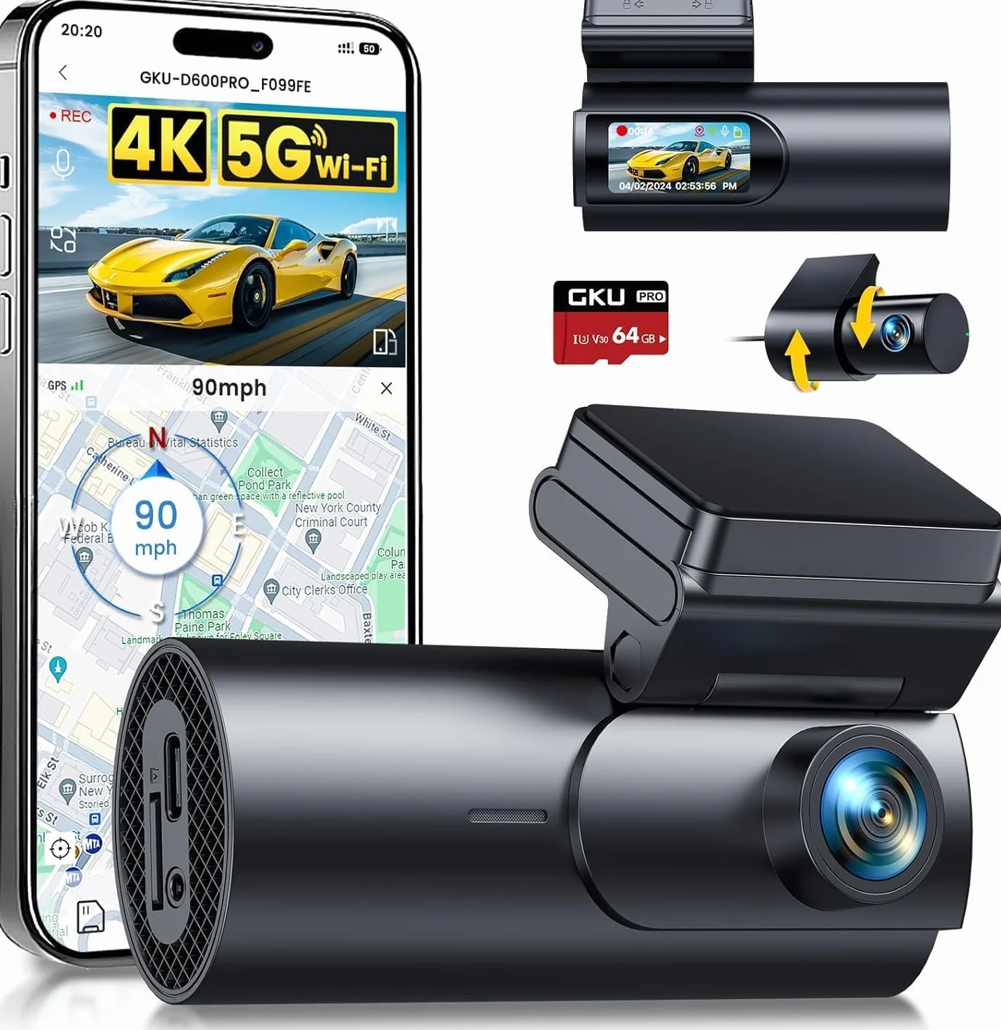 GKU 4K Dashcam Auto Vorne Hinten, 5GHz WiFi GPS, Dual Dash Cam, 1.5" IPS Mini Auto Kamera mit 64GB SD Karte, Parküberwachung, Super Nachtsicht, WDR, 170° Weitwinkel, G-Sensor, APP Steuerung