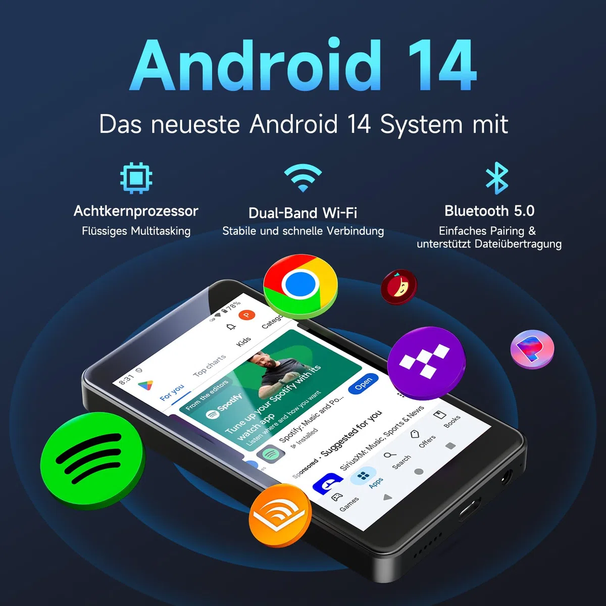 PECSU Android 14 MP3-Player mit Spotify, Play Store, Amazon Music, Audible, Libby, 4-Zoll-Touchscreen-MP4-Musikplayer für Kinder mit Kindersicherung, Augenschutzmodus, 2000mAh (Schwarz)