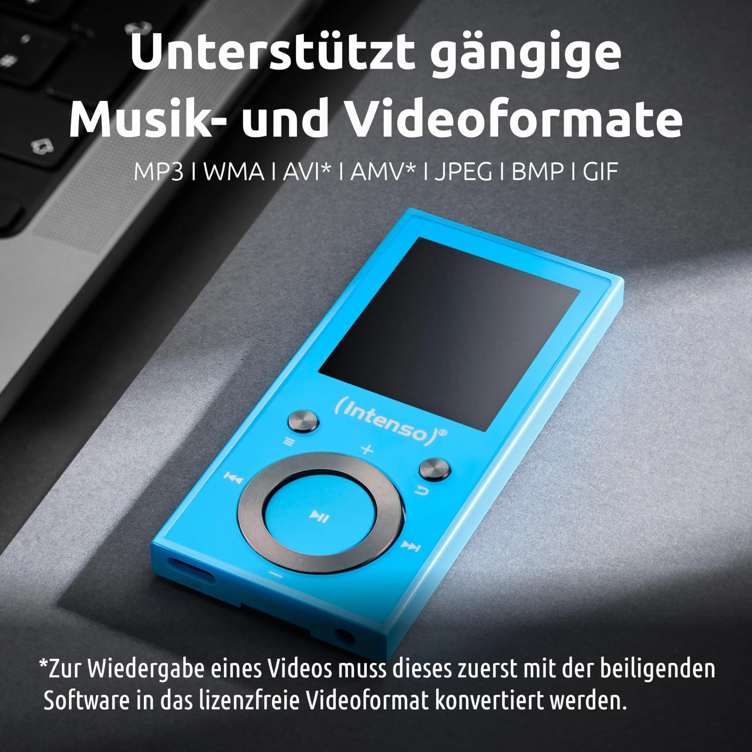 Intenso Video Scooter BT MP3 Player mit Bluetooth 5.0, 1,8 Zoll Farbdisplay, 64 GB microSD, USB-C, bis 18h Akku, inkl. Kopfhörer, blau