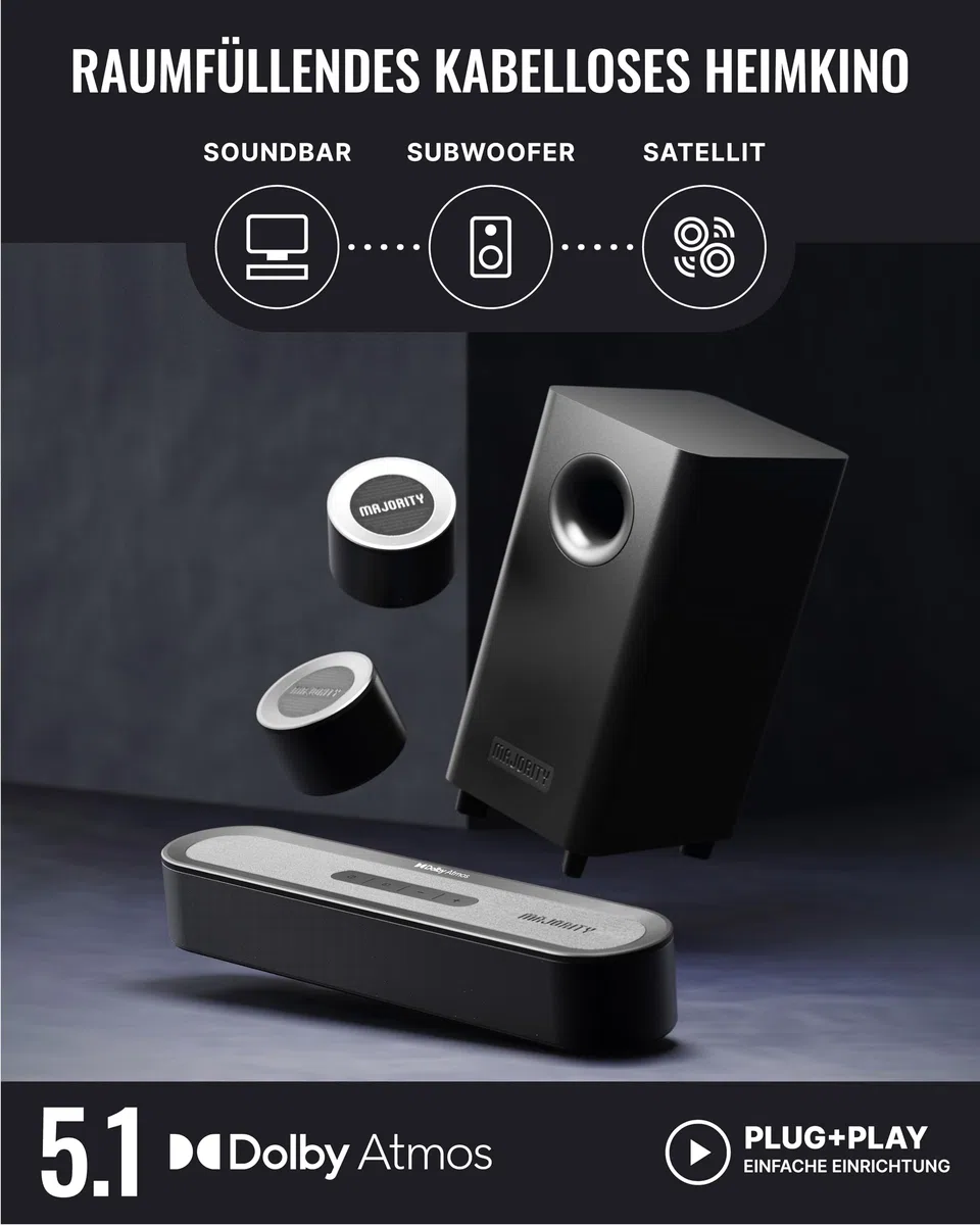 MAJORITY Bowfell Halo Atmos Soundbar für TV Geräte | 300W Lautsprecher für Fernseher mit Subwoofer | 5.1 Dolby Atmos Heimkino Surround Sound System mit HDMI eARC | Mini Sound Bar PC Bluetooth