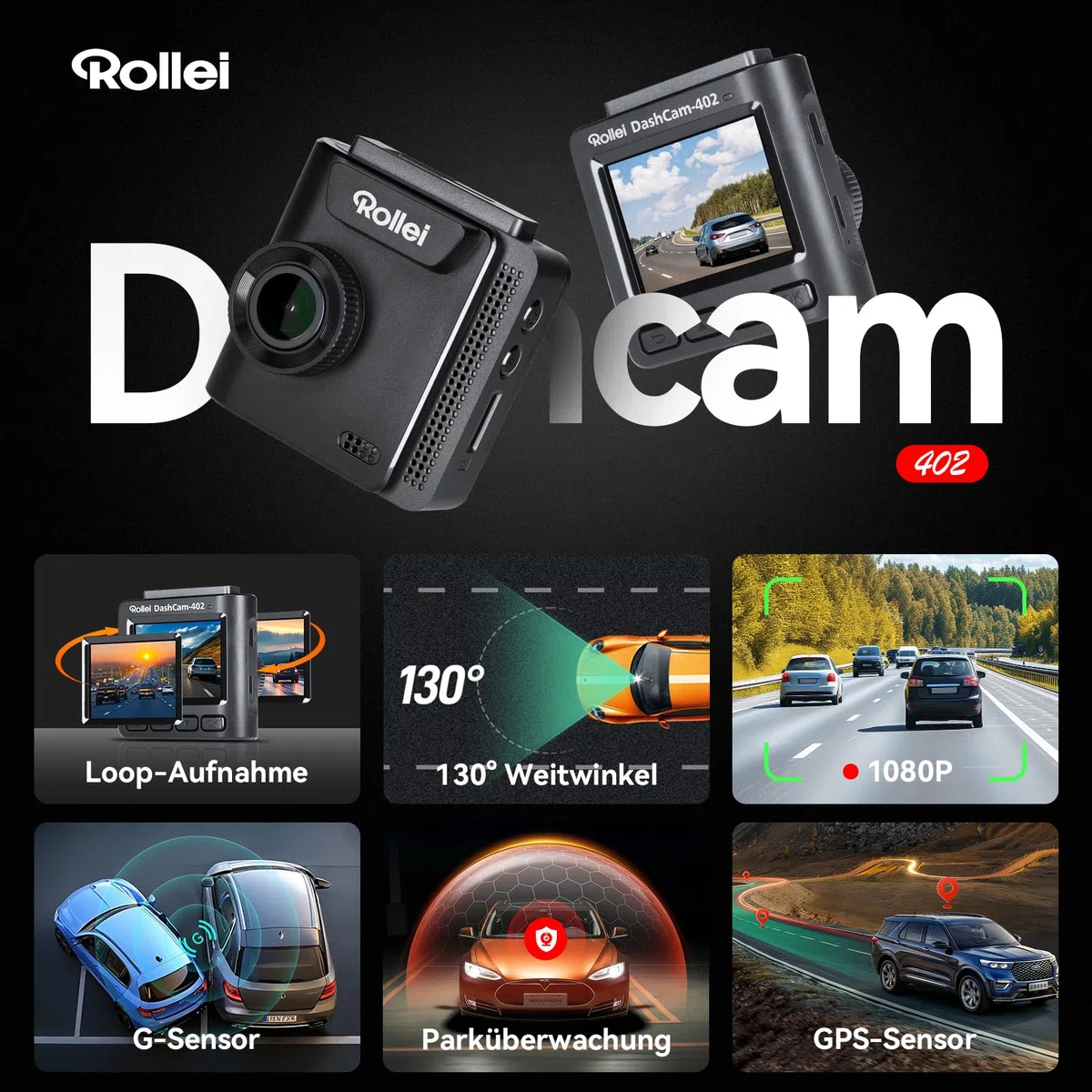Rollei Dashcam 402 mit GPS und G-Sensor | Rechtskonforme Autokamera vorne | 1080p Full-HD | Auto-Kamera zur Überwachung und Parküberwachung | Dash Cam Video-Registrator mit Loop Funktion