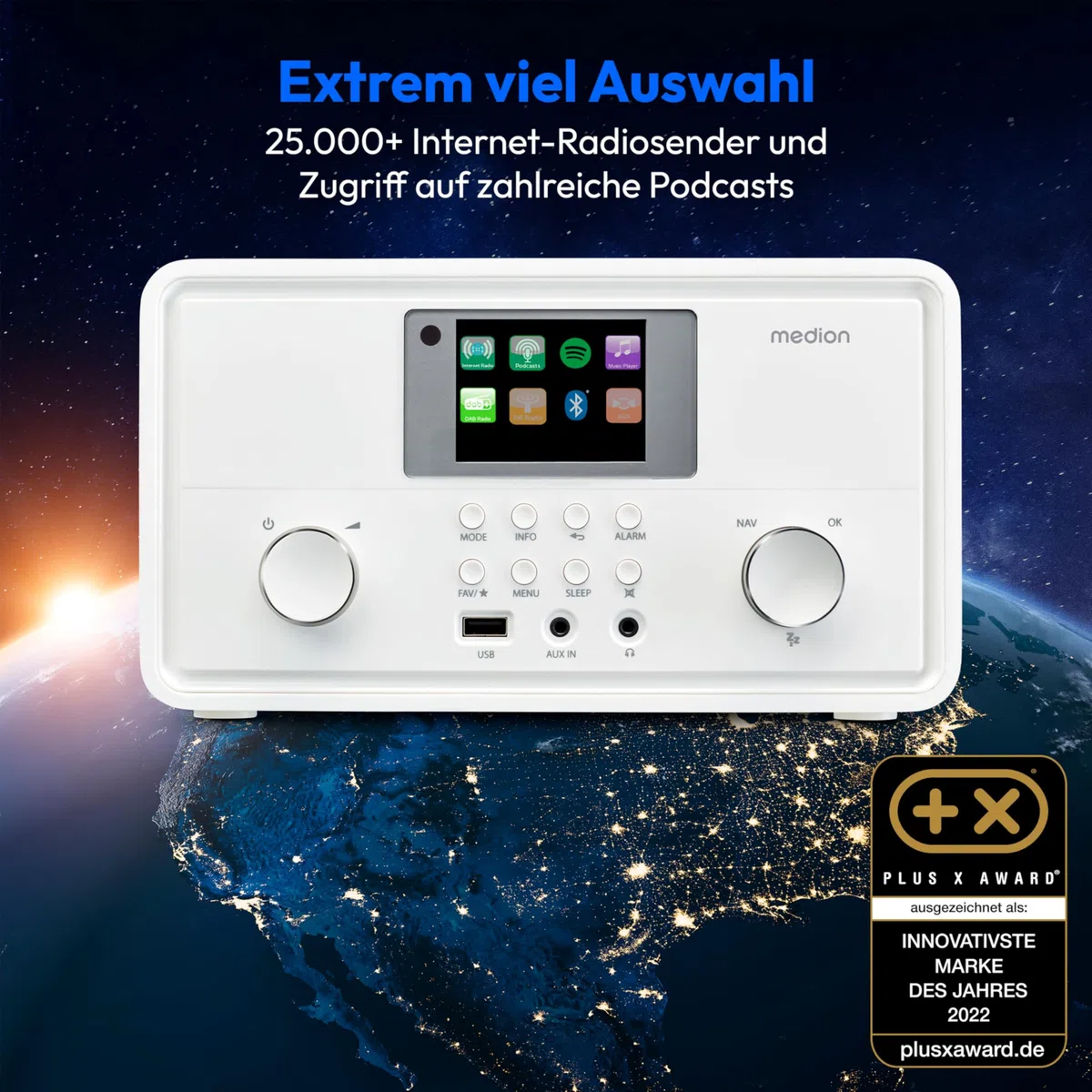 MEDION P85027 Internetradio (DAB Plus, UKW Radio, Spotify Connect, WLAN, Bluetooth, Streaming, Equalizer, Farbdisplay, USB, AUX, Wecker, Schlummerfunktion, Sleep Timer) weiß