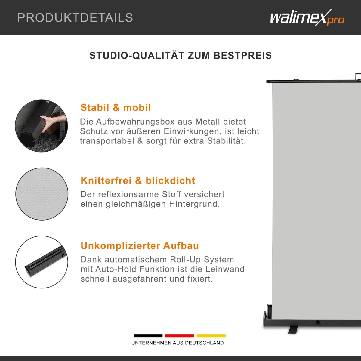 Walimex pro Roll-up Panel Hintergrund grau 155 x 200 cm, Fotohintergrund mit Transportbox, Hintergrundsystem für Fotostudio, knitterfreie Fotoleinwand ideal für Portraits und dezente Lichtakzente