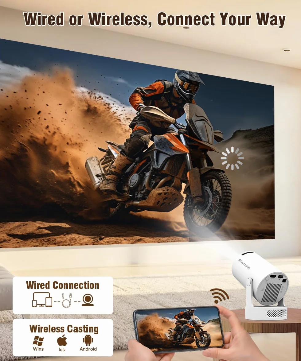 Mini Projektor 4K Unterstützt, Wi-Fi 6, Bluetooth 5.4, 5W Lautsprecher, Automatischer Trapezkorrektur, 180° drehbar, tragbarer Projektor