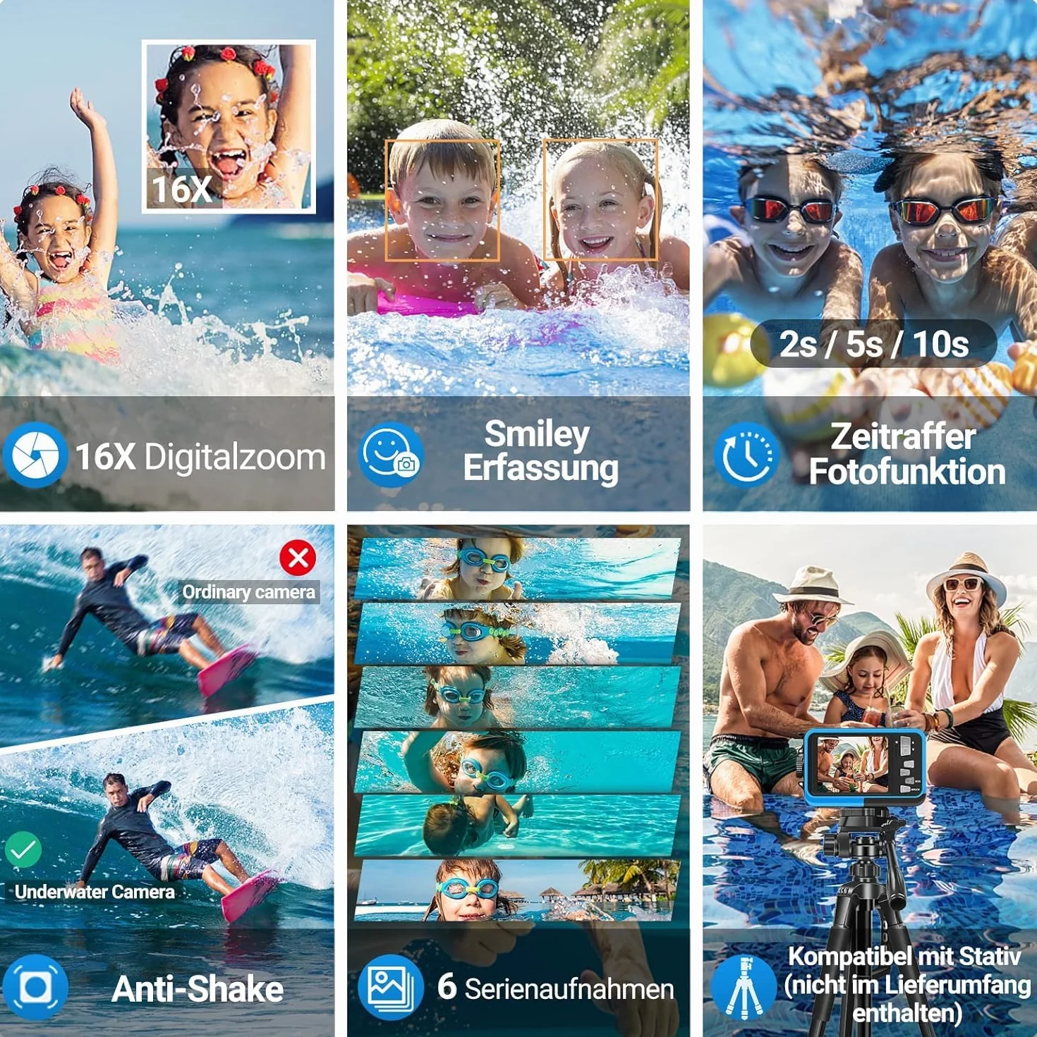 Unterwasserkamera Full HD 2.7K 48MP 10FT Kamera Wasserdicht Dual Screen 16X Digital Zoom Schnorcheln wasserdichte Digitalkamera fü r Selbstauslöser Unterwasser, Schwimmen, Urlaub