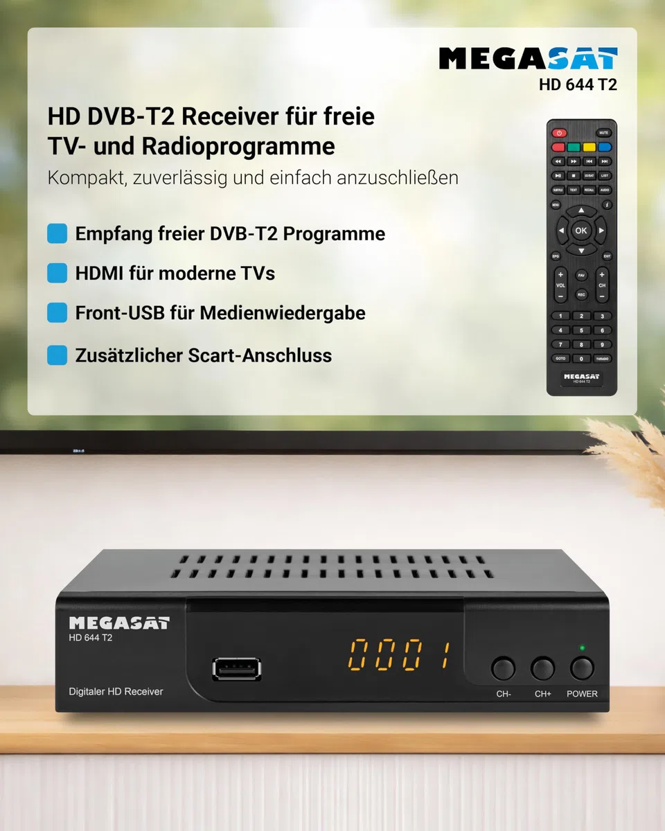 Megasat HD 644 T2 – DVB-T2 Receiver für Free TV – Schwarz | Empfängt alle freien Sender über Antenne, USB-Mediaplayer, Full HD, SCART, HDMI
