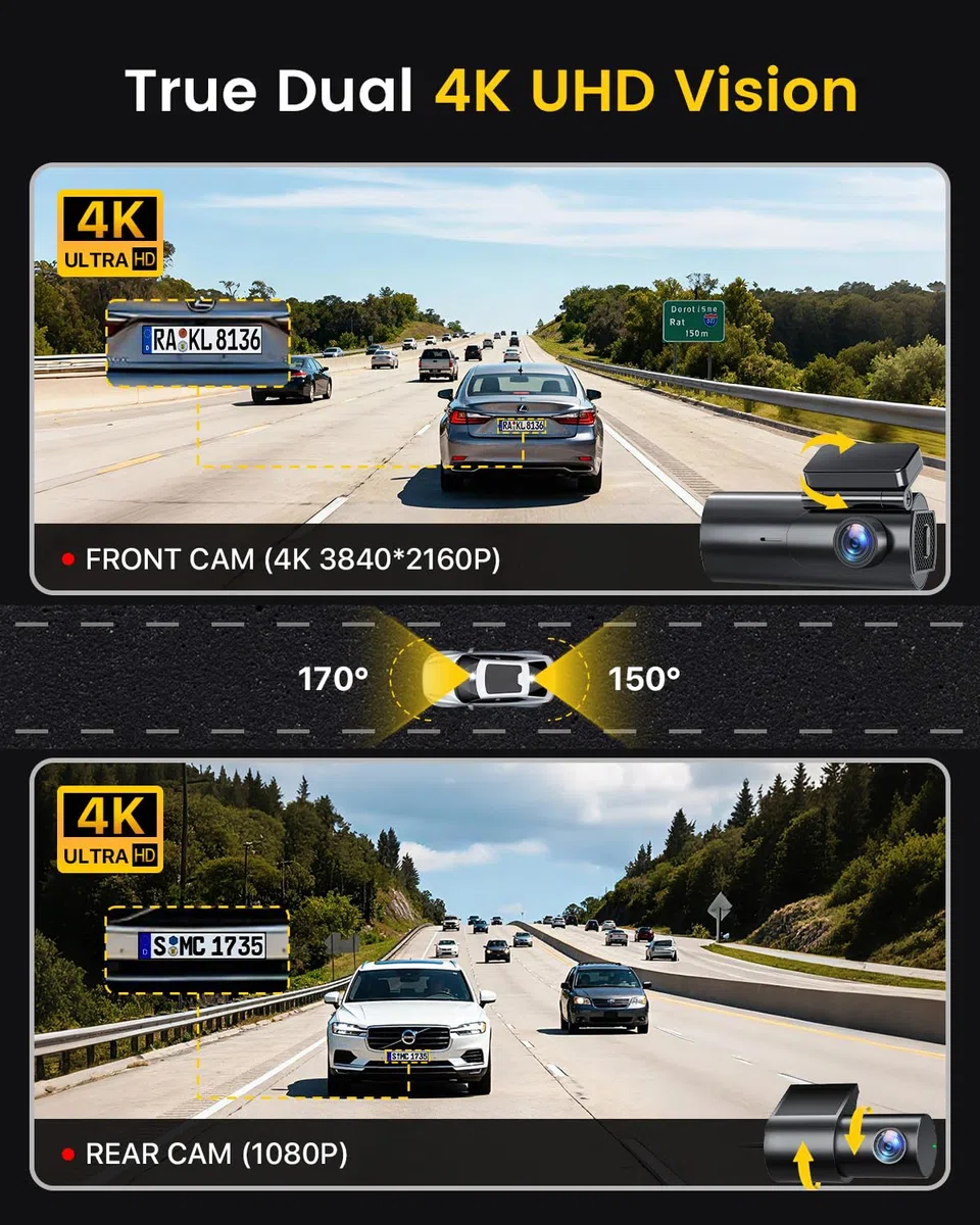 GKU 4K Dashcam Auto Vorne Hinten, 5GHz WiFi Dashcam mit 64GB SD Karte, Auto Kamera mit Parküberwachung, Super Nachtsicht, WDR, 170° Weitwinkel, G-Sensor, Loop-Aufnahme, APP Steuerung, Max 256GB