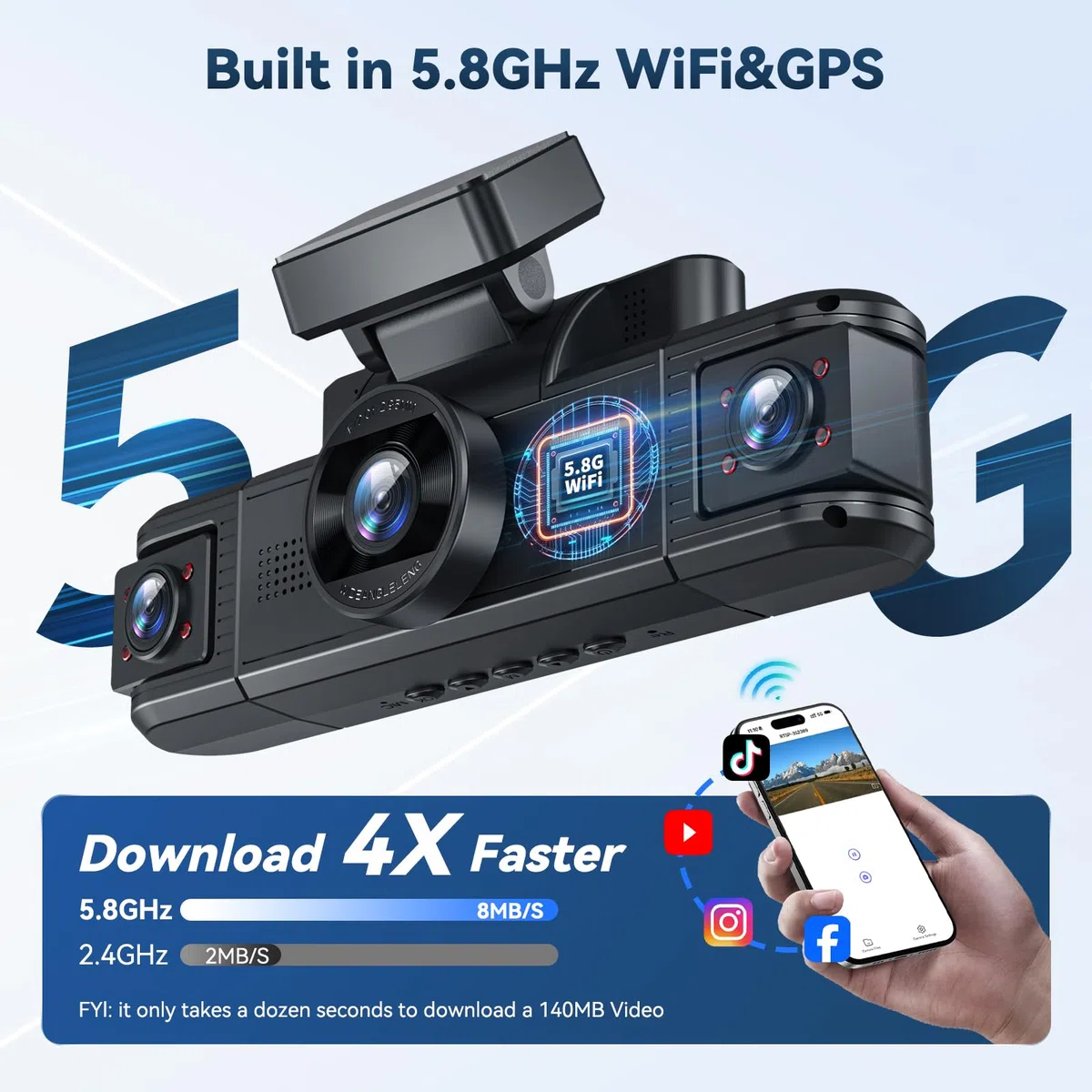 4 Kanal Dashcam Auto Vorne Hinten 4K+1080P mit WiFi,Dash Cam Auto Kamera 3" IPS Bildschirm,Kostenlose 64 GB Karte,Nachtsicht,G Sensor,Loop-Aufnahme,APP Steuerung,170°Weitwinkel WDR