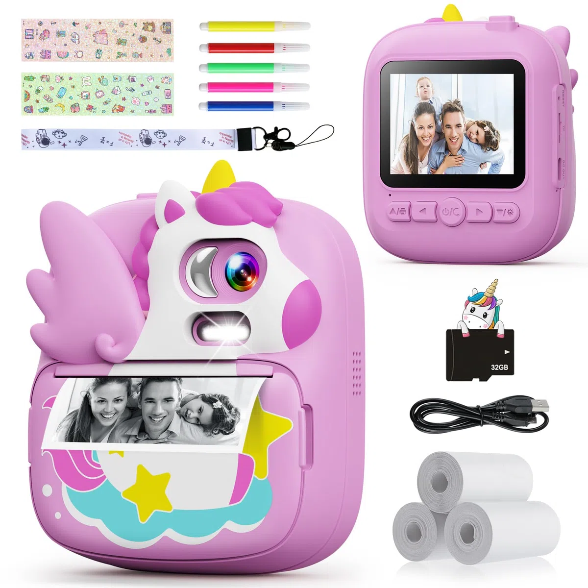 CAMCLID Kinderkamera Sofortbildkamera 2,4 Zoll 1080P HD Digitalkamera mit 32G TF Karte und Fotopapier Lila