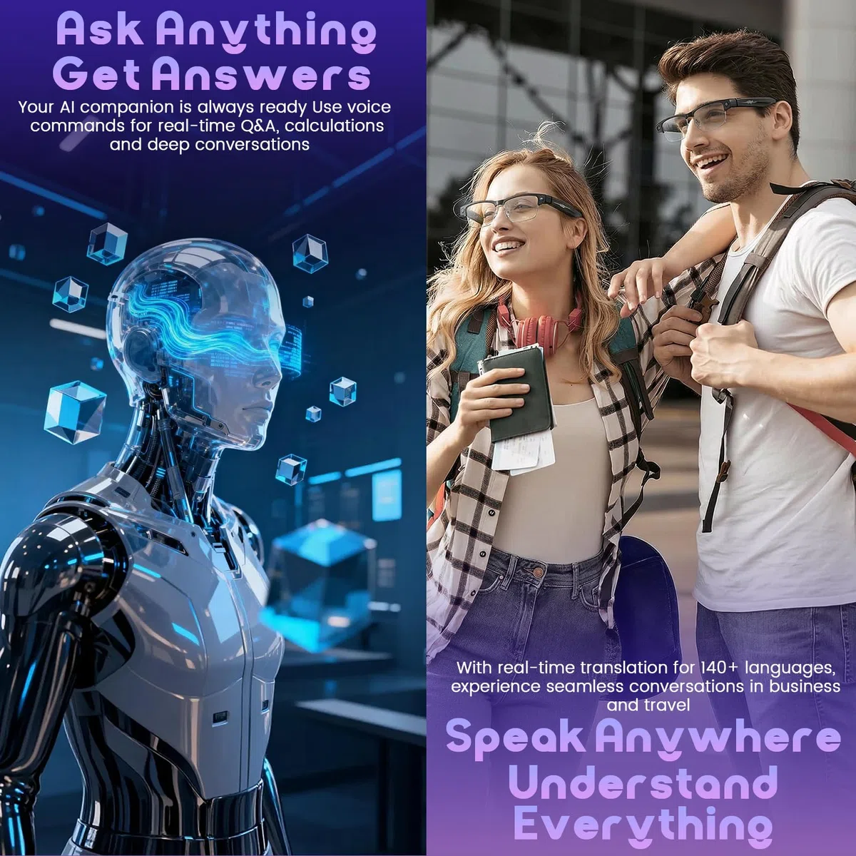 AI Smart Glasses, Brille Kamera mit 8MP HD-Kamera & 1200P Video, mit Videoaufzeichnung, Musikwiedergabe,Dual-Mikrofon, Simultanübersetzung/GPT-Objektidentifizierung für Reisen, Meetings