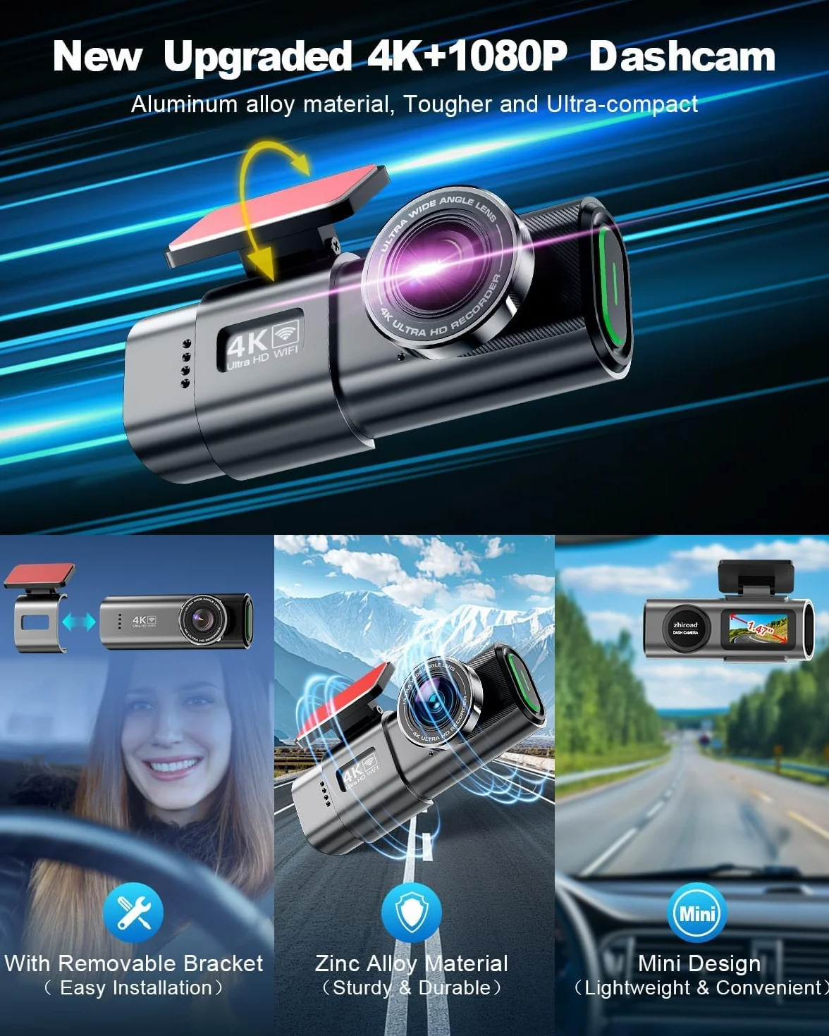 Dashcam Auto Vorne Hinten 4K+1080P,WiFi Dashcam mit Parküberwachung,64G SD Karte,Super Nachtsicht, WDR, 170°+140° Weitwinkel, 1.47“ IPS-Bildschirm,G-Sensor, Loop-Aufnahme, APP Steuerung