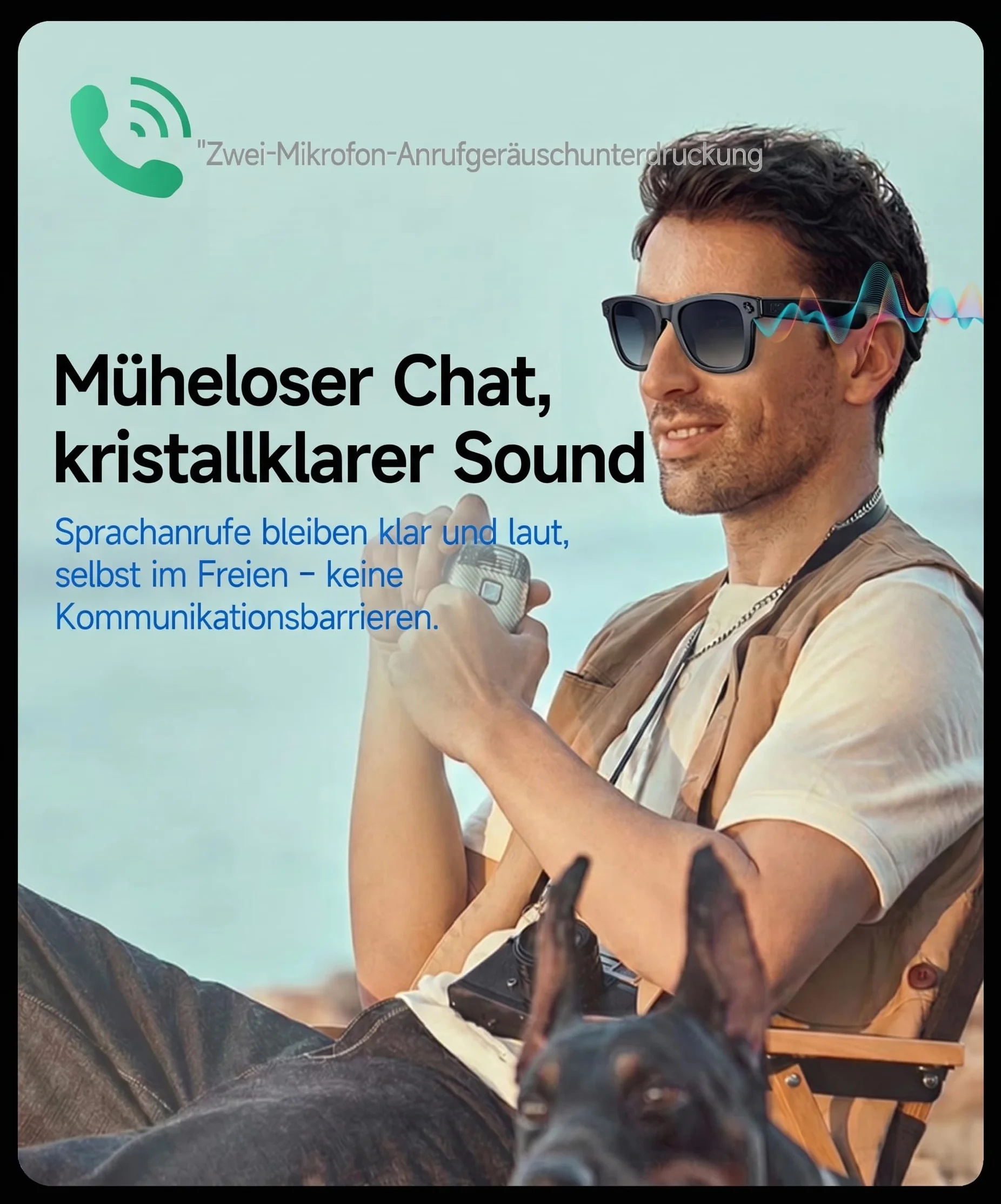 Smart Glasses mit KI & Bluetooth, ChatGPT-Sprachassistent, UV-Schutz, WLAN, Echtzeit-Übersetzung in 89 Sprachen, 2K-Kamera, Open-Ear-Audio, IP65 wasserdicht, Objektidentifizierung, inkl. 2 Gläser