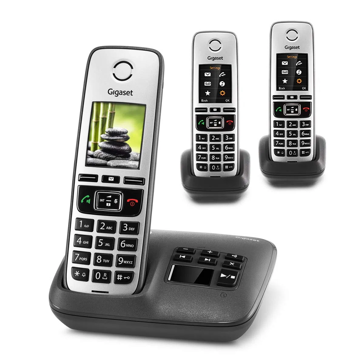 Gigaset Family Trio mit Anrufbeantworter - 3 schnurlose Telefone mit großem, farbigem Display und hoher Reichweite – anthrazit-grau