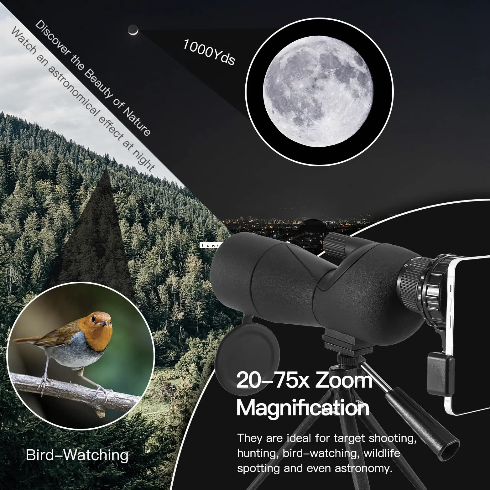 25-75X60 Spektive für Zielschießen, Jagd, Vogelbeobachtung, Wildtierbeobachtung. Low Light Vision Spektiv mit Metall-Stativ, Telefon-Adapter, Tragetasche, BAK4 Prisma, FMC-Objektiv, beschlagfrei (60B)