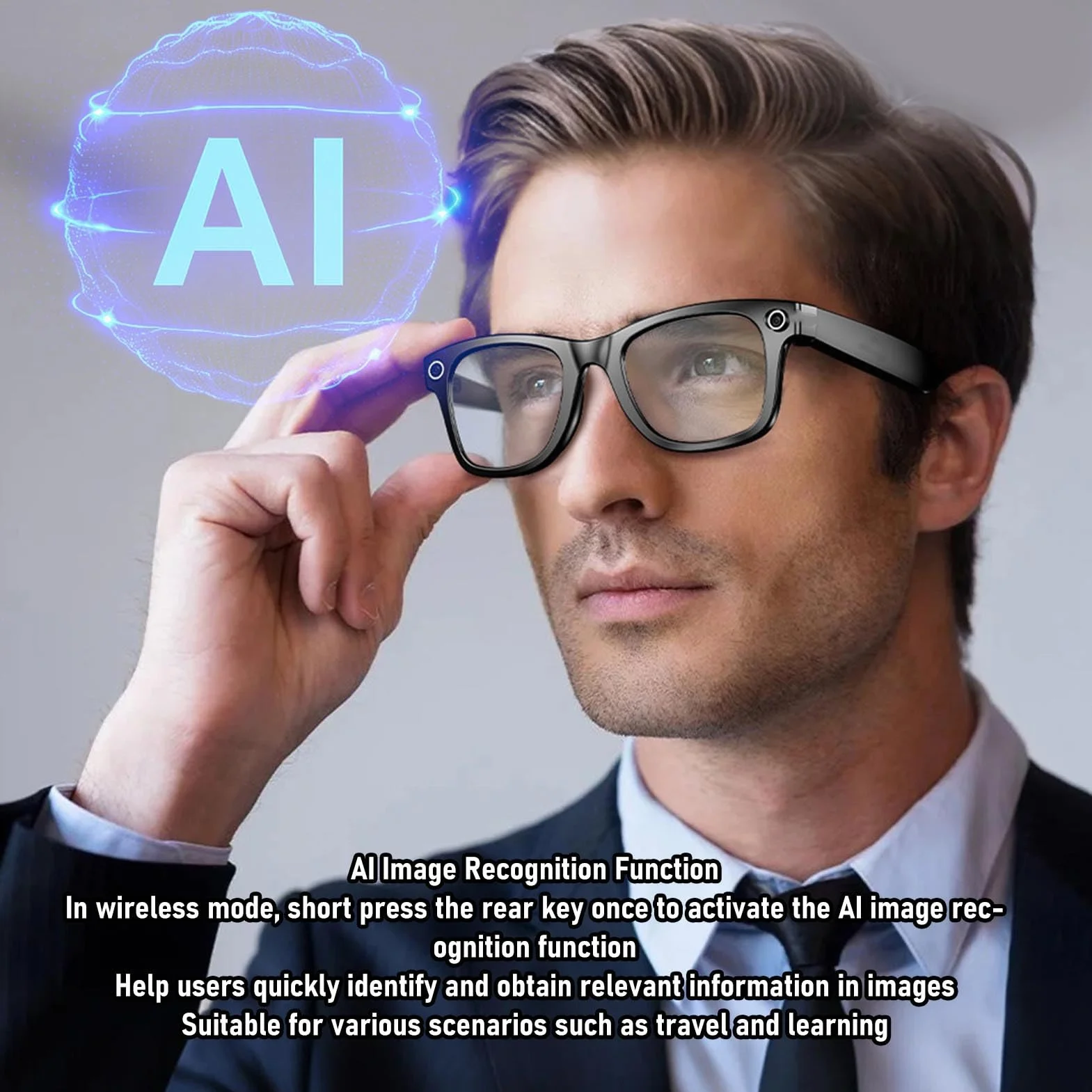 Sxhlseller AI Smart Brille mit Kamera, 1080p Foto Video Aufnahmebrille, Bilderkennung und 25 Sprachen Echtzeitübersetzung, Bluetooth 5.3 Smart Camera für Männer Frauen