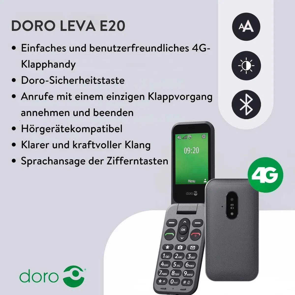 Doro Telefon Leva E20 – 4G Klapphandy für Senioren – 2,8 Zoll Display, kontrastreiche Tasten, besonders klarer Klang, HD Voice, Kamera, Secure-Taste – Schwarz