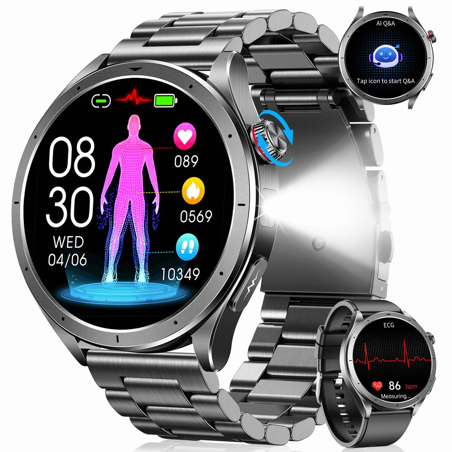Smartwatch Herren mit EKG+HRV, 1.53" AI-GPT Gesundheitsuhr, Herzfrequenz, SpO2, Schlafmonitor, Blutdruck, 5ATM Fitnessuhr, Telefonfunktion, LED Taschenlampe, 120+ Sportmodi, Schwarz