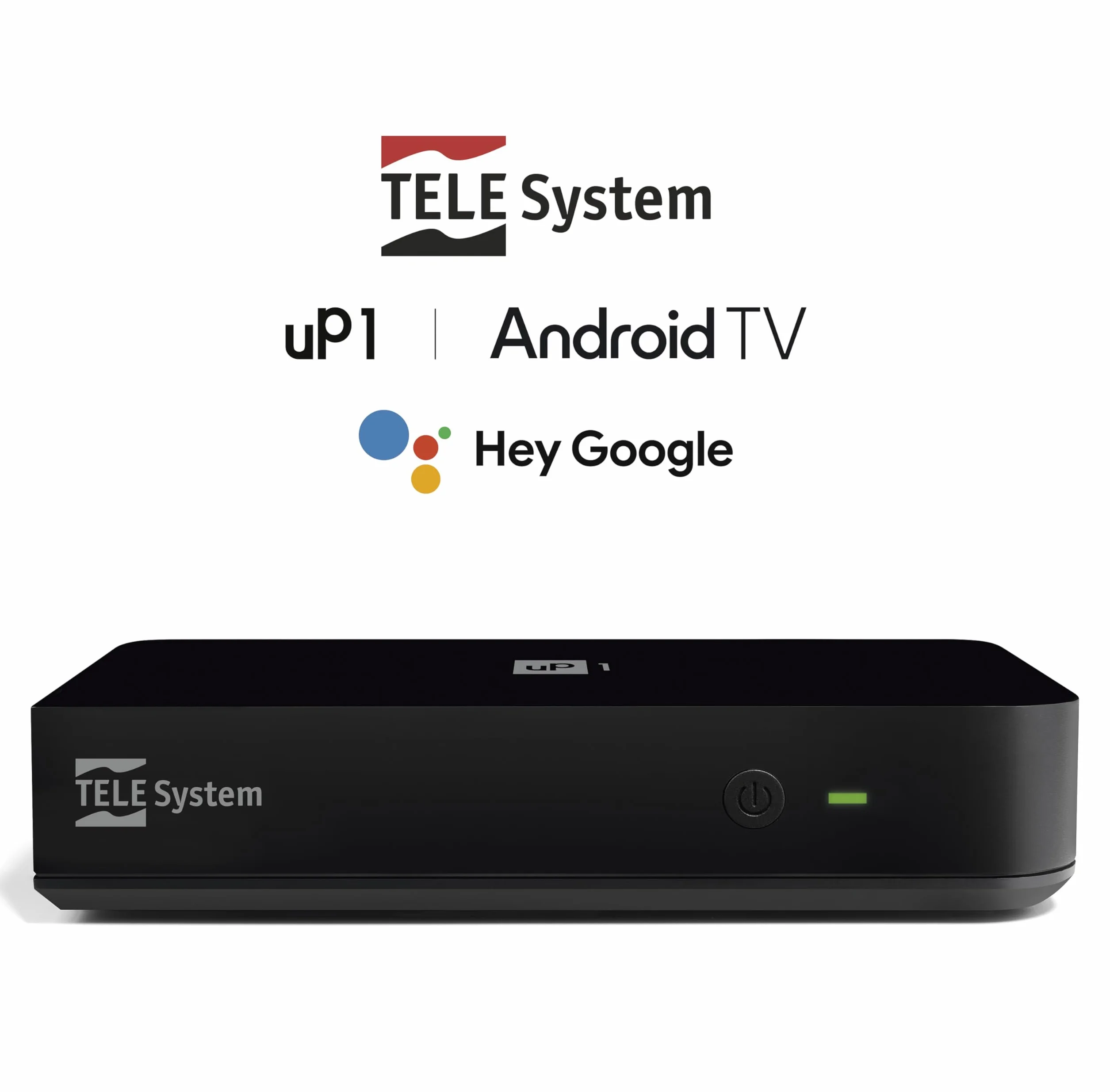 TELE System UP1 Digitaler terrestrischer Decoder Android TV Ultra HD, Netflix Zertifiziert, Prime Video, Disney+, Chromecast eingebaut, DVB-T2 HEVC, HDR10+ HLG, AV1, HDMI/SCART.
