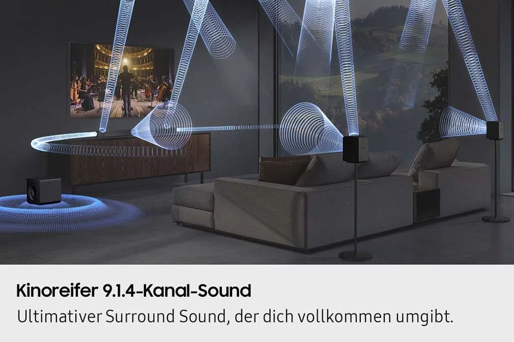 SAMSUNG HW-Q935GF Q-Series 9.1.4-Kanal-Soundbar für Fernseher, Kabelloser 6,5"-Subwoofer, 2.0.2-Kanal-Rücklautsprecher, Kabelloses Dolby Atmos und DTS:X, SpaceFit Sound Pro, Q-Symphony