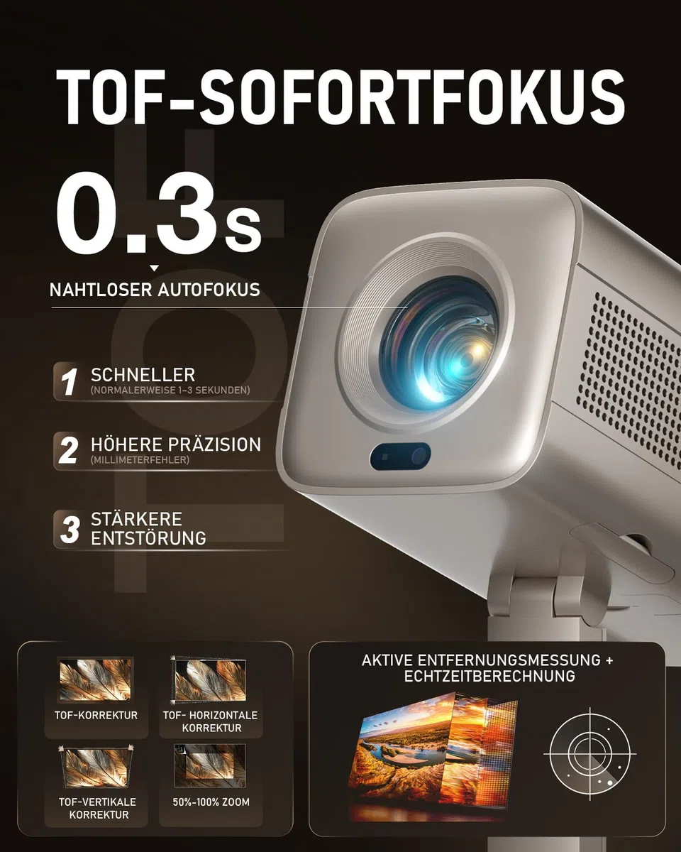 VOPLLS Smart Mini Beamer 4K 28000 Lumen Projektor, Full HD 1080P, WiFi6 Bluetooth, TOF Autofokus, Trapezkorrektur, 210° Drehbar, Kompatibel mit Netflix & Dolby Audio