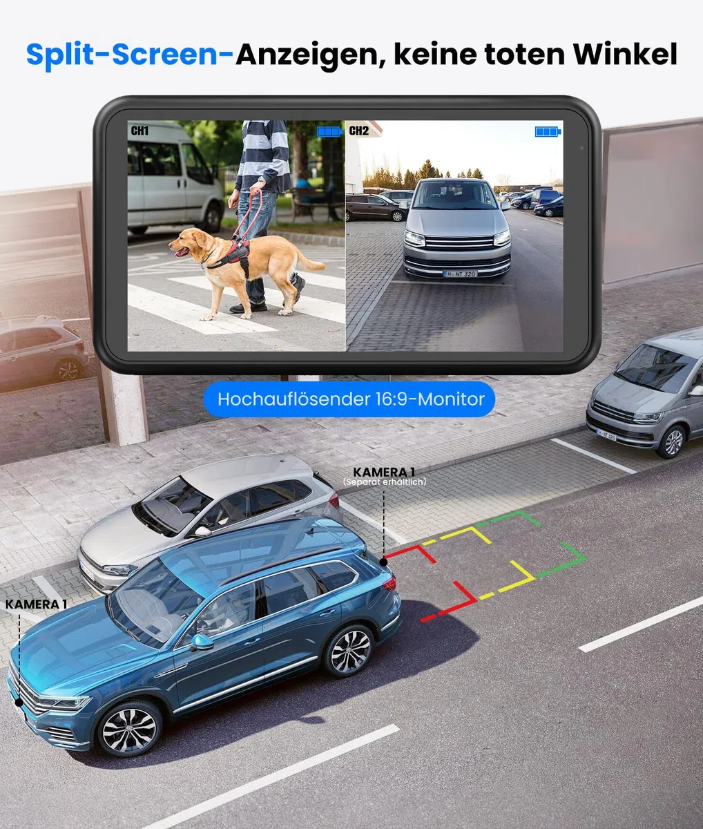 AUTO-VOX Solar Rückfahrkamera Kabellos 5" 1080P Monitor 5000mAh Akku IP69K Wasserdicht für Auto LKW Van SUV Wohnmobil