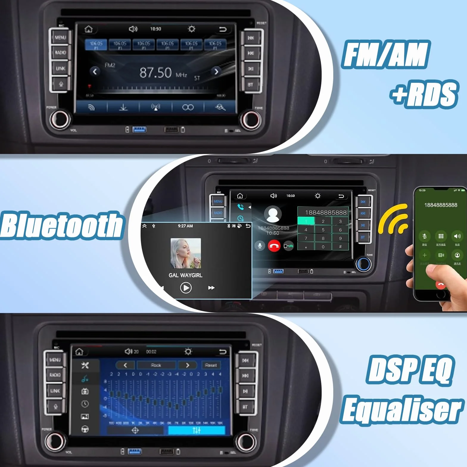 Autoradio Bluetooth Bildschirm für VW Golf 5 6 Polo T5 Passat Touran Sitz mit FM/AM, Apple Carplay, Android Auto, SWC, Mirror Link, 2 Din Dab Autoradio Touch Display