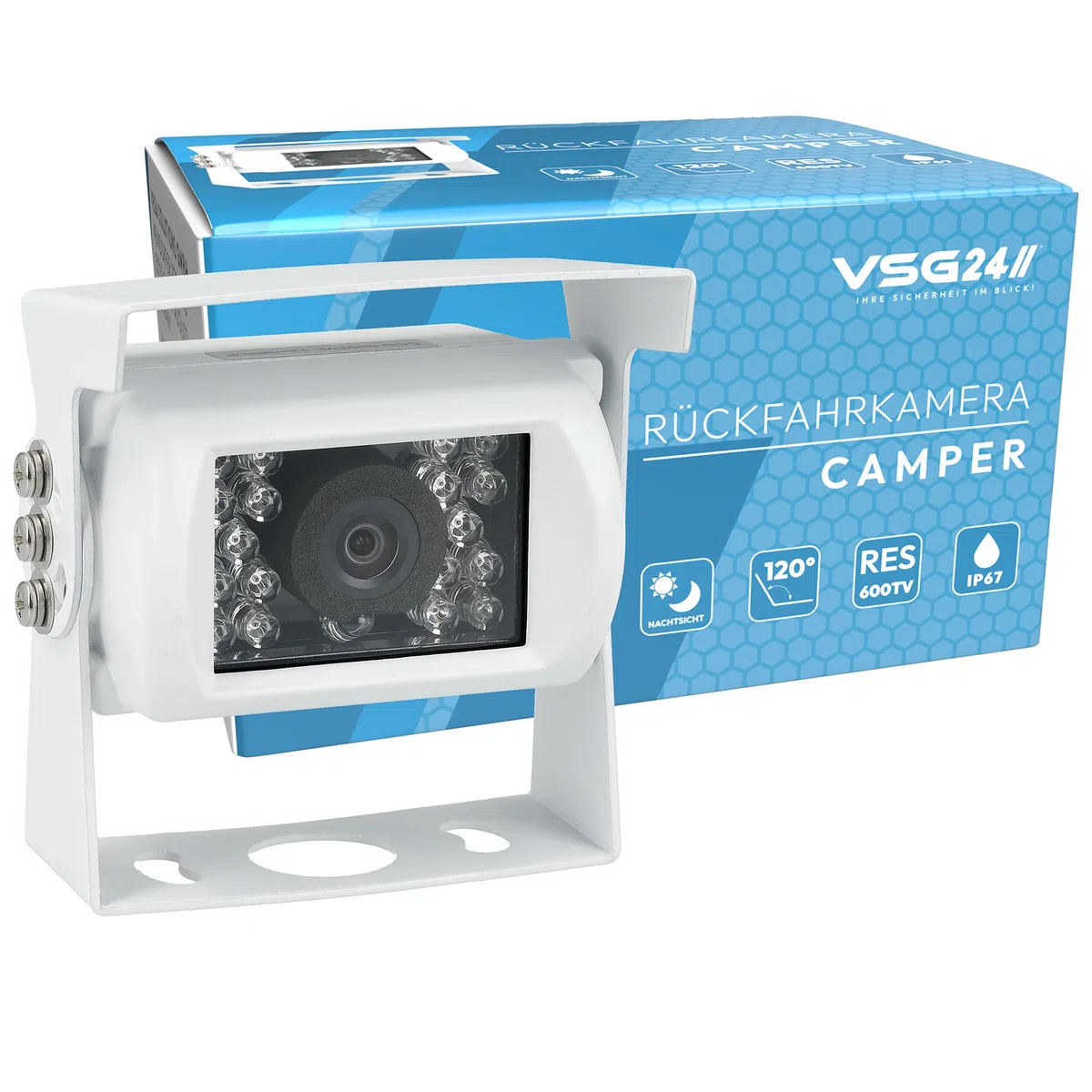 VSG24 Camper Rückfahrkamera Wohnmobil Wohnwagen Rückfahrsystem Nachtsicht Wetterfest 12V-24V Set Weiß