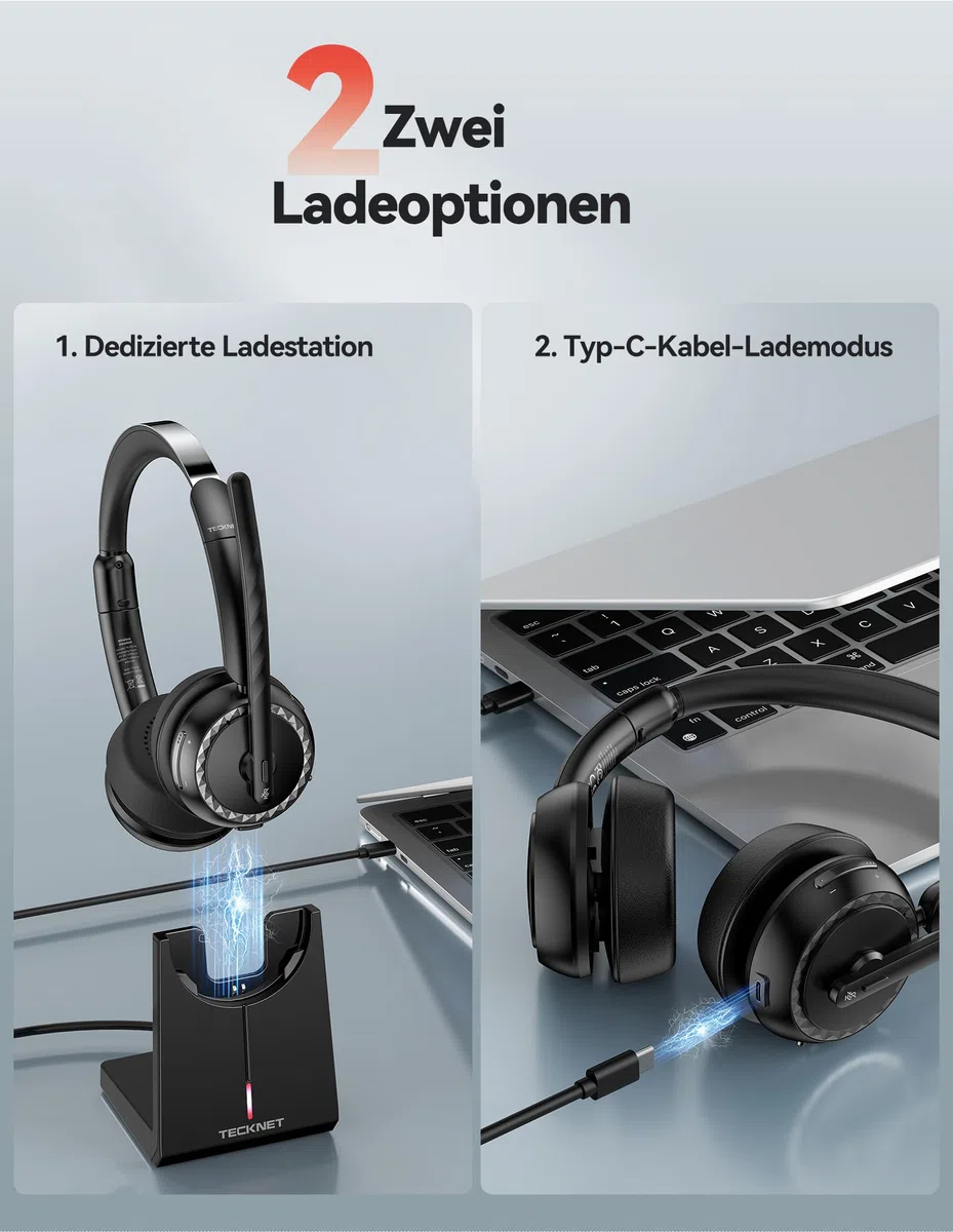 TECKNET V5.3 Bluetooth Headset mit Mikrofon, Wireless Headset mit AI Noise Cancelling Mikrofon, Ladestation, USB-Dongle, 55+ Std. Akku, Wiederaufladbar On-Ear Kopfhörer für Büro, Home, Callcenter