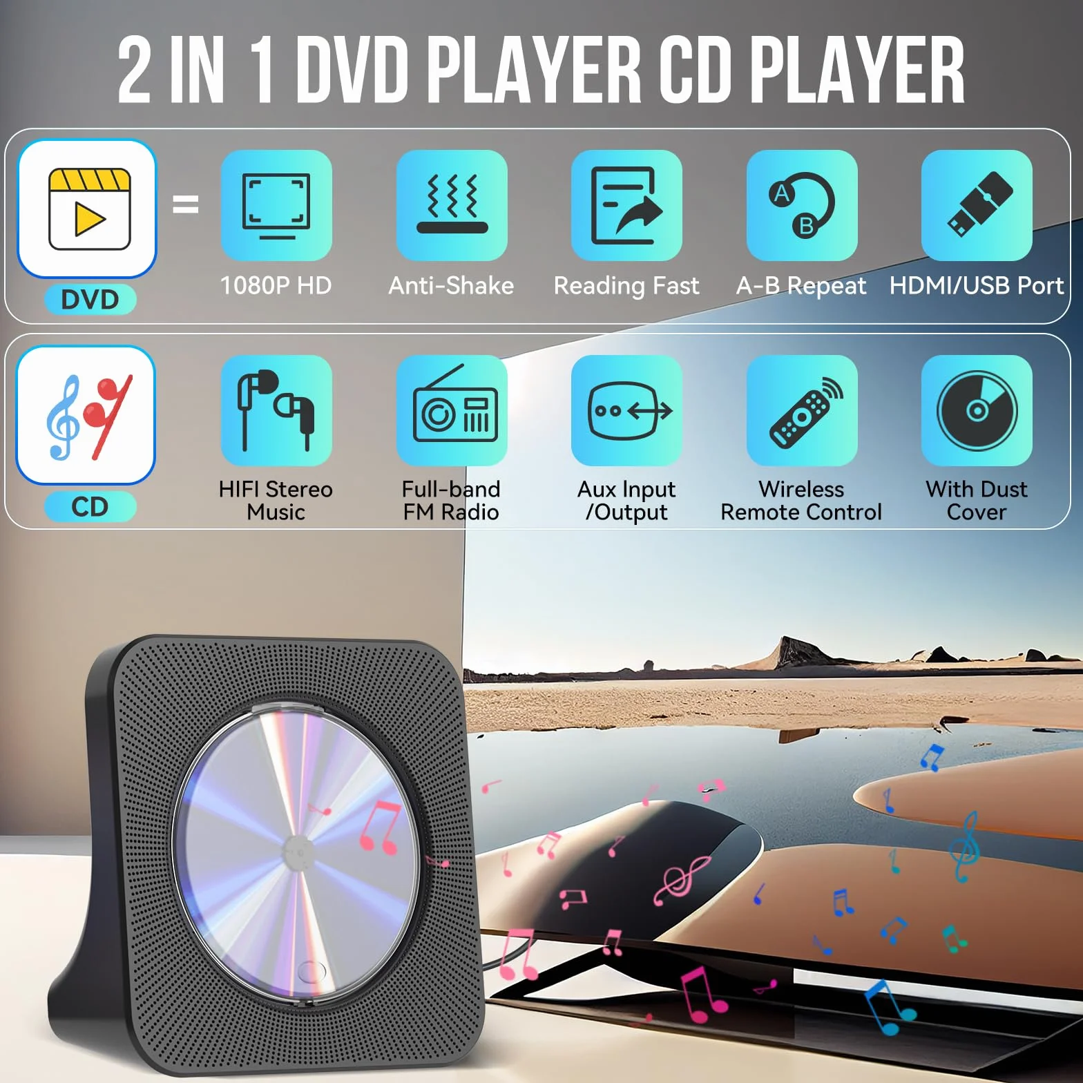Gueray DVD Player für TV All Region Free Desktop DVD/CD Player für Zuhause mit Bluetooth Lautsprechern Display Wecker FM Radio mit CD Player USB Card Playback Inklusive Fernbedienung HDMI Kabel
