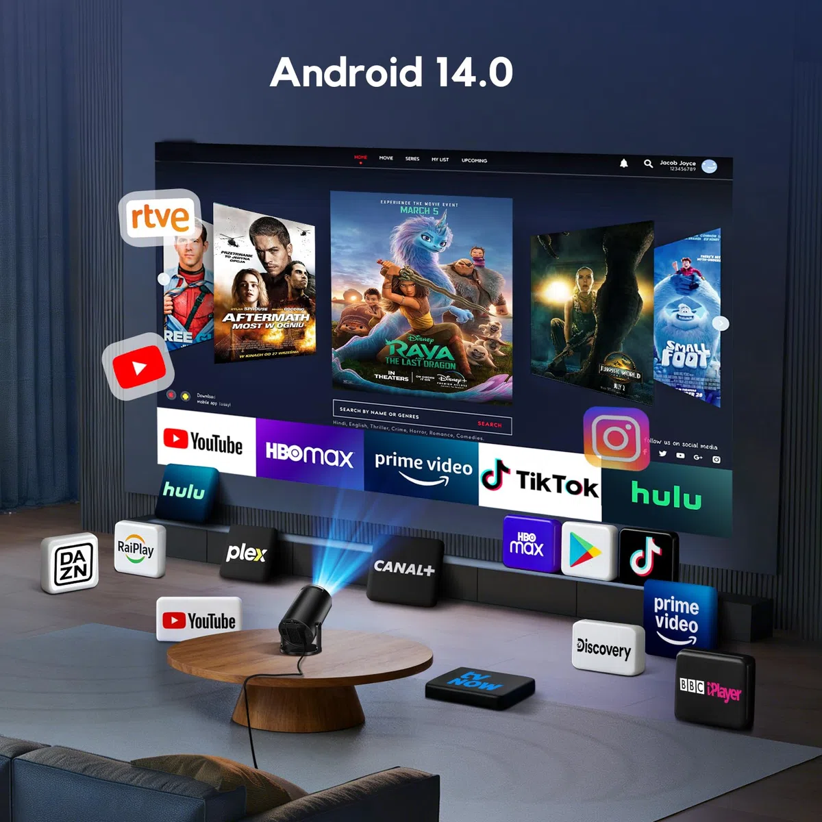 Smart Mini Beamer 1080P Unterstützt, Tragbarer Projektor AKIYO O2 mit WiFi 6 und Bluetooth 5.4, Beamer Klein mit 180° Drehbar und Auto Keystone, Kompatibel mit HDMI/Smartphone/USB/Laptop/PS5, Schwarz
