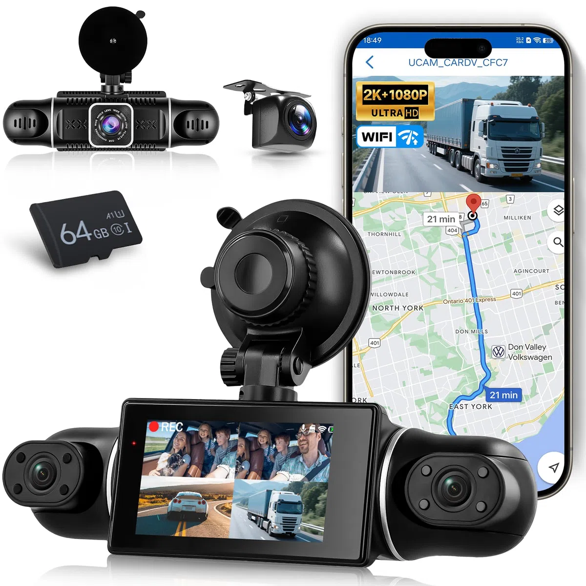 Hodozzy 2K WiFi 4-Kanal Dashcam Auto mit App Gesteuerte, Dash Cam mit Loop Aufzeichnung, 3 Zoll Dashcam mit Nachtsicht, G-Sensor, Spiegelbild, Parkmodus, Spiegelungsfunktion, Rückfahrhilfe+ TF Karte