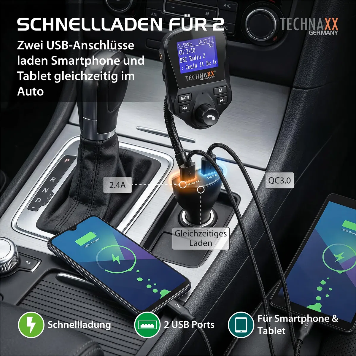 Technaxx FM DAB+ Transmitter FMT1500BT - Freisprecheinrichtung, Bluetooth V4.2, 2X USB, Mikrofon, Anrufe, MicroSD, DAB+ Radio via FM, AUX-IN, großes Display, Musik