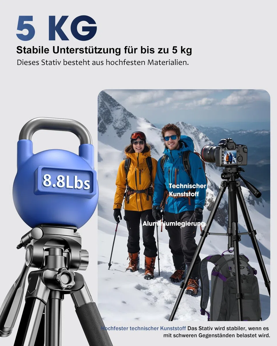 CAMBOFOTO 186cm Aluminium Stativ für DSLR, Spiegellose Kameras, Handys, Camcorder, mit Handyhalterung & Reisetasche (Schwarz)
