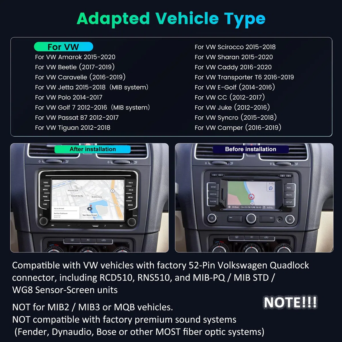 4GB+64GB VW Android Autoradio für Golf 7 Passat Tiguan Jetta Polo Beetle mit originalem 52-Pin VW Quadlock Anschluss, Drahtloses CarPlay Android Auto DSP GPS WiFi Rückfahrkamera