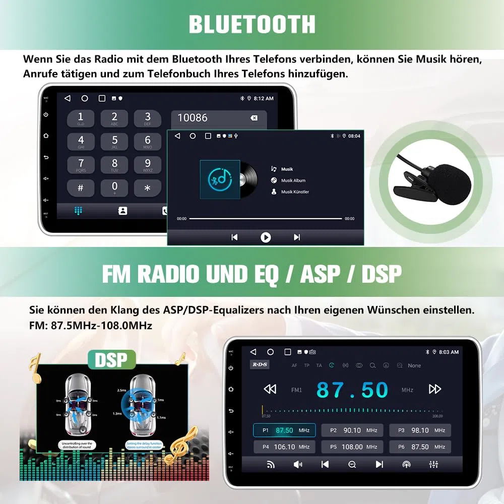 Junsun Android universal Autoradio 4GB+64GB 10.1 Zoll Touchsreen,Android 13 CarPlay, Android Auto, FM Radio, Bluetooth, WLAN, Navigtion, Lenkradsteuerung