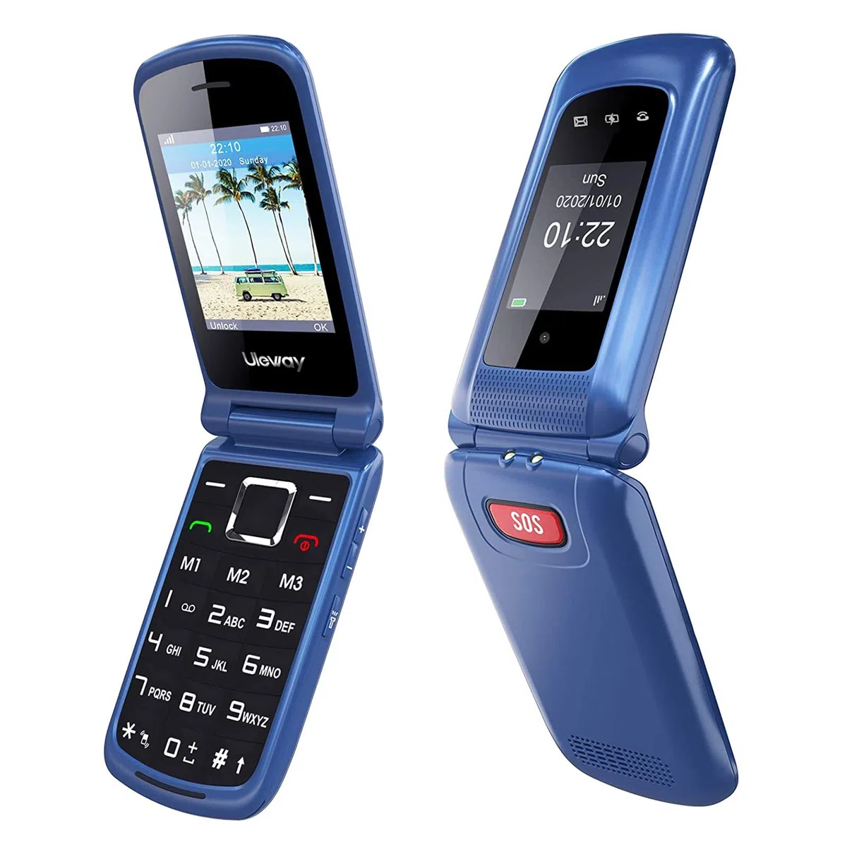 ULEWAY Seniorenhandy Klapphandy ohne Vertrag,GSM Großtasten Mobiltelefon SOS Notruffunktion,Taschenlampe,FM Radio,2.4 Zoll Dual Display Handy für Senioren (Blau)(mit Ladestation)