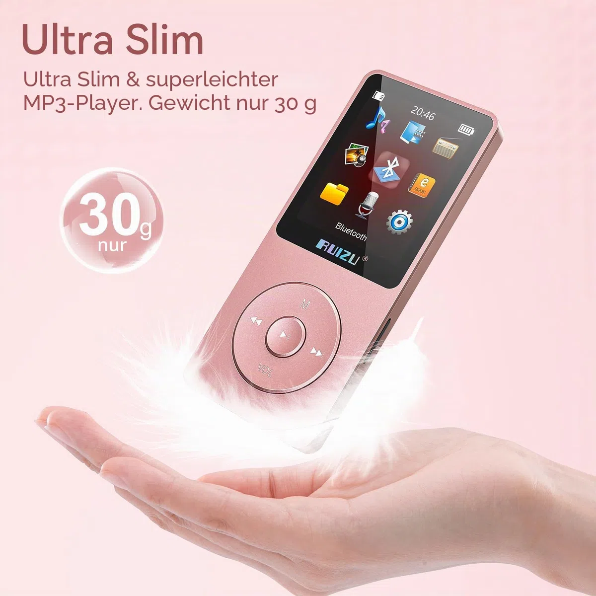 RUIZU 32GB MP3 Player with Bluetooth 5.3, 1.8" Screen Portable Music Player, FM Radio, Voice Recording,80H Digital Audio Video Playback,Support 128GB，Rosagold