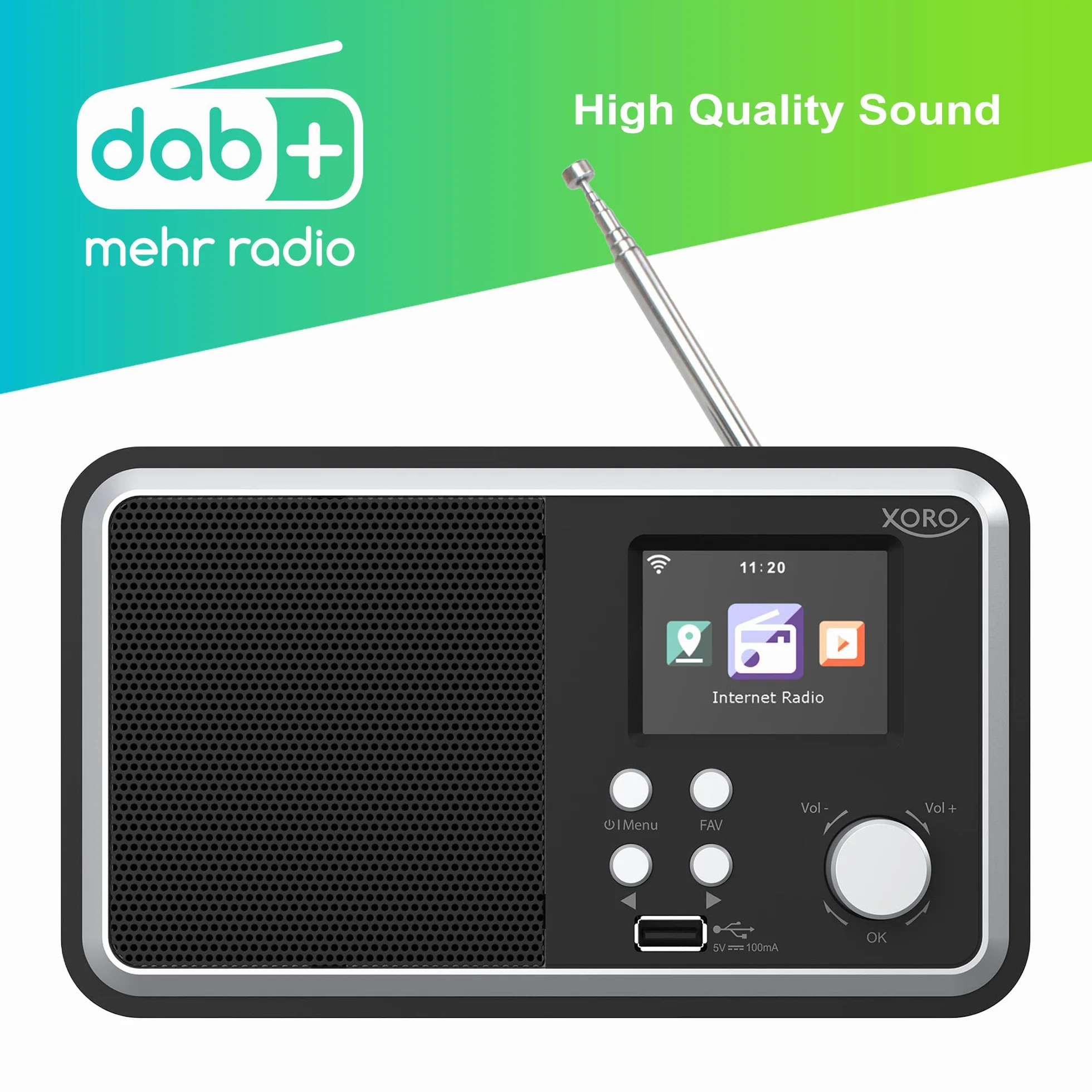 XORO DAB 300 IR digitales WLAN Internet Radio mit DAB+ & FM Empfang, Bluetooth 5.2, Podcast-Wiedergabe, 2,4" Zoll Farbdisplay, integriertem Wecker, Schwarz