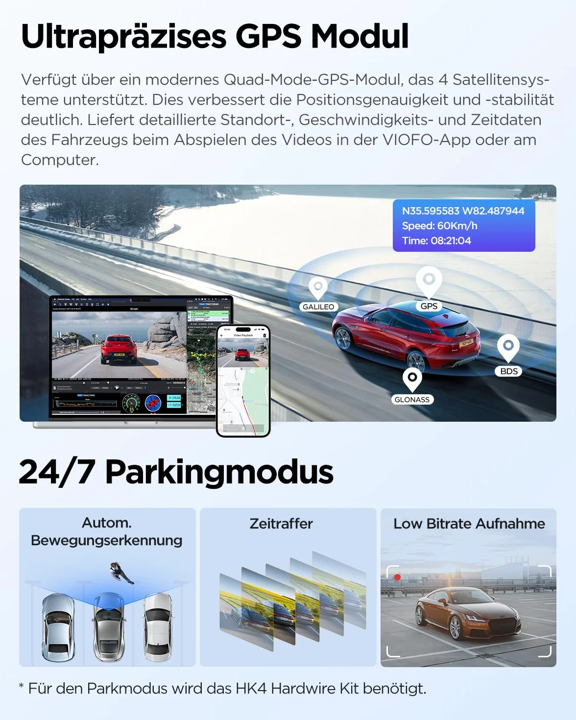 VIOFO A229 Plus 2K + 2K Dual STARVIS 2 HDR Dashcam Auto, Sprachsteuerung & 5GHz Wi-Fi, GPS, Super Nachtsicht 2.0, 2,4" LCD, 512 GB Max