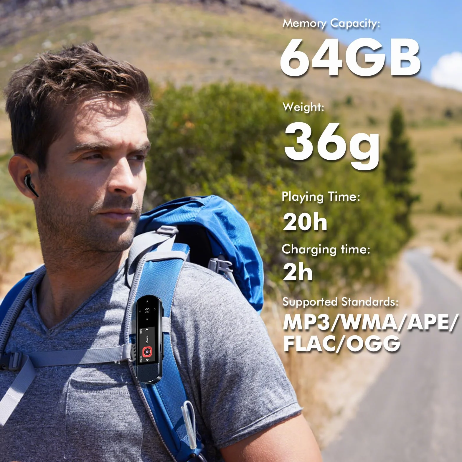 64GB Tragbarer USB MP3 Player mit Bluetooth 5.3, Clip für Sport & Laufen, FM Radio, Voice Recorder, Handy-Dateiübertragung & digitaler Audio-Shuffle