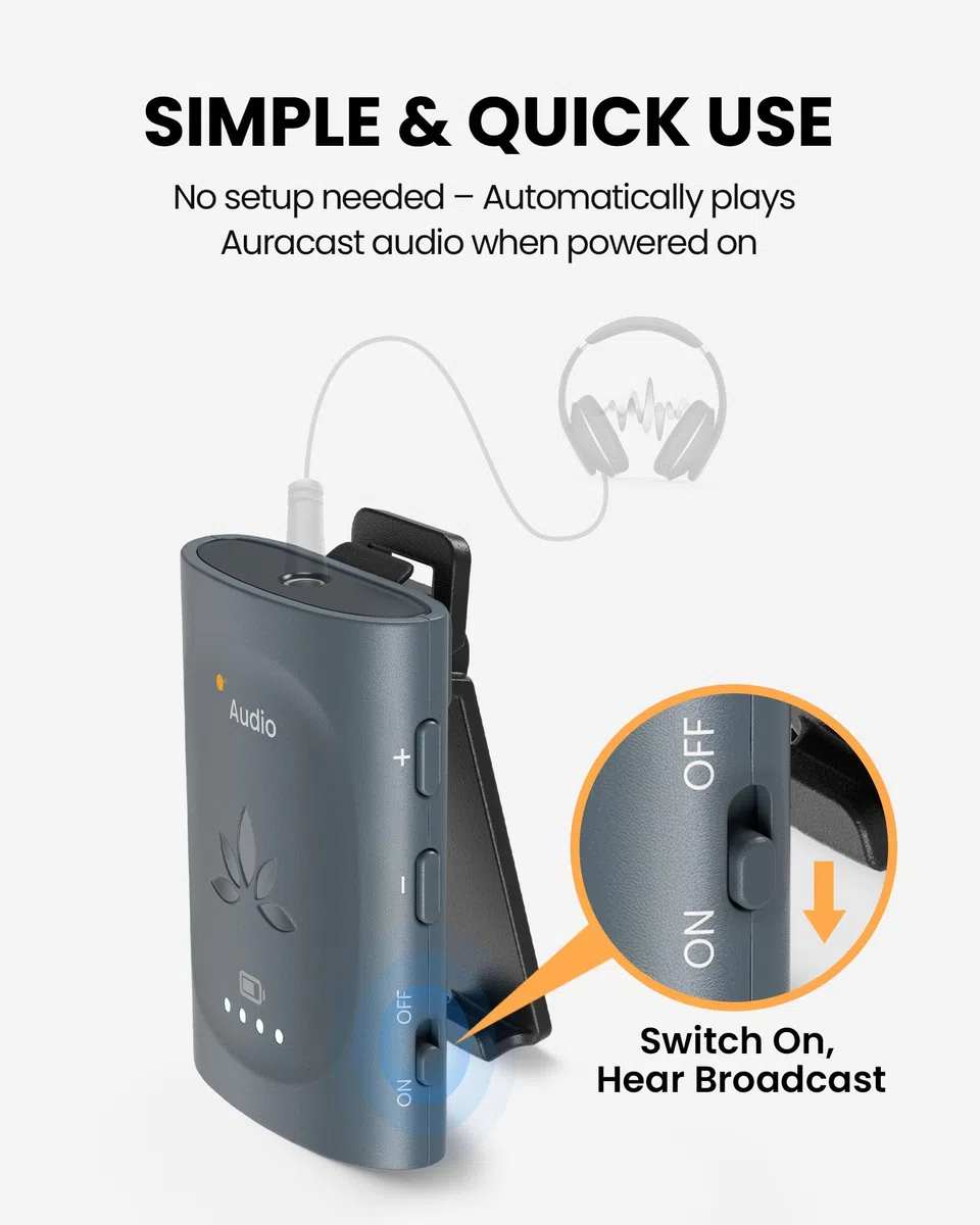 Avantree AuraClip – Auracast Empfänger für Kirchen, Theater & öffentliche Bereiche, ermöglicht Nutzung von 3,5mm Kopfhörern mit Auracast Broadcast-Audio, Clip-on Design, 16 Std. Akku, 100 m Reichweite