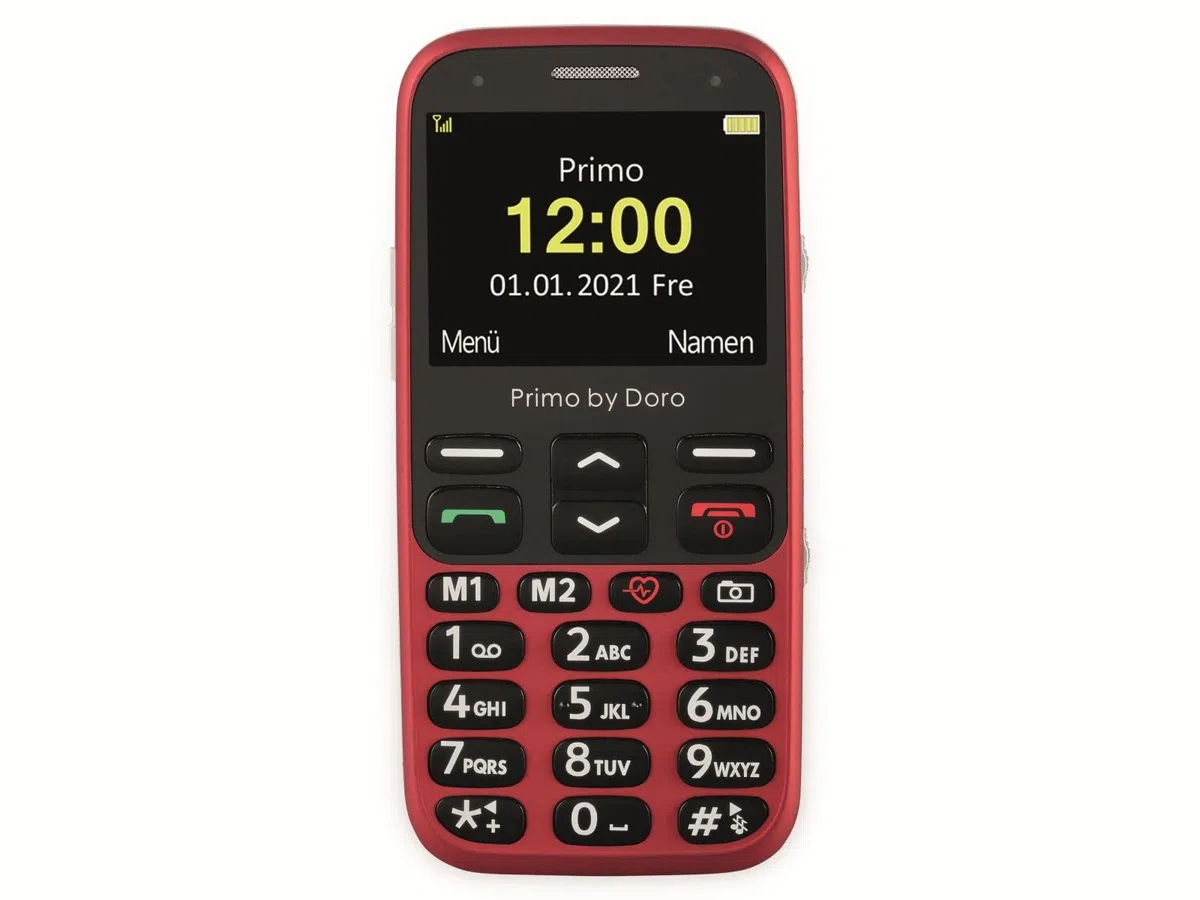 Primo 368 by Doro GSM Mobiltelefon mit froßem Farbdisplay, Fallsensor, Taschenlampe, FM-Radio, Kalender, inkl. Tischladestation, 360086, rot