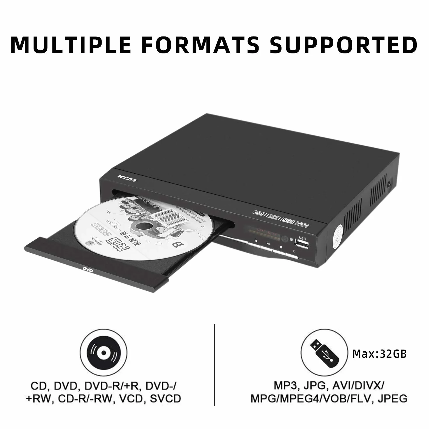 DVD-Player für TV, DVD/CD/MP3/MP4, mit USB und HDMI, AV-Kabel im Lieferumfang, Fernbedienung, Schwarz, ohne Blu-Ray