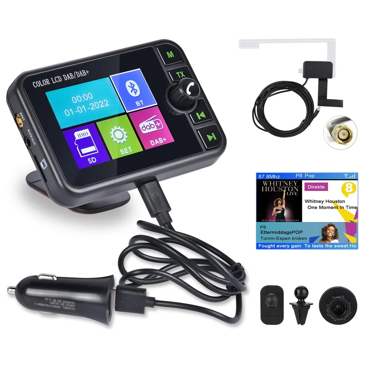 Inefala DAB+ DAB Adapter für Autoradio, 2,4 Zoll bunter LCD-Bildschirm mit Bluetooth-Freisprecheinrichtung, Dab-Sender, FM-Sender, AUX-Eingang-Ausgang, TF-Karten-Musikwiedergabe, Autoladegerät