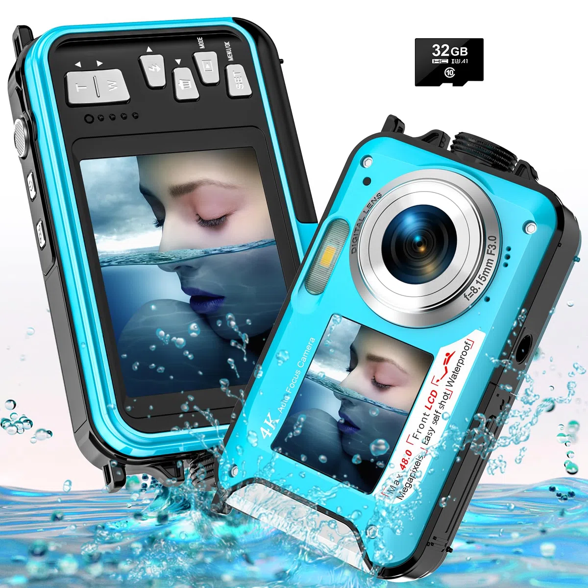 Unterwasserkamera, YISENCE UHD 4K 56MP Autofocus Digitalkamera wasserdichte mit Einer 32GB Karte Selfie Doppelte Bildschirme wasserdichte Kamera zum Schnorcheln